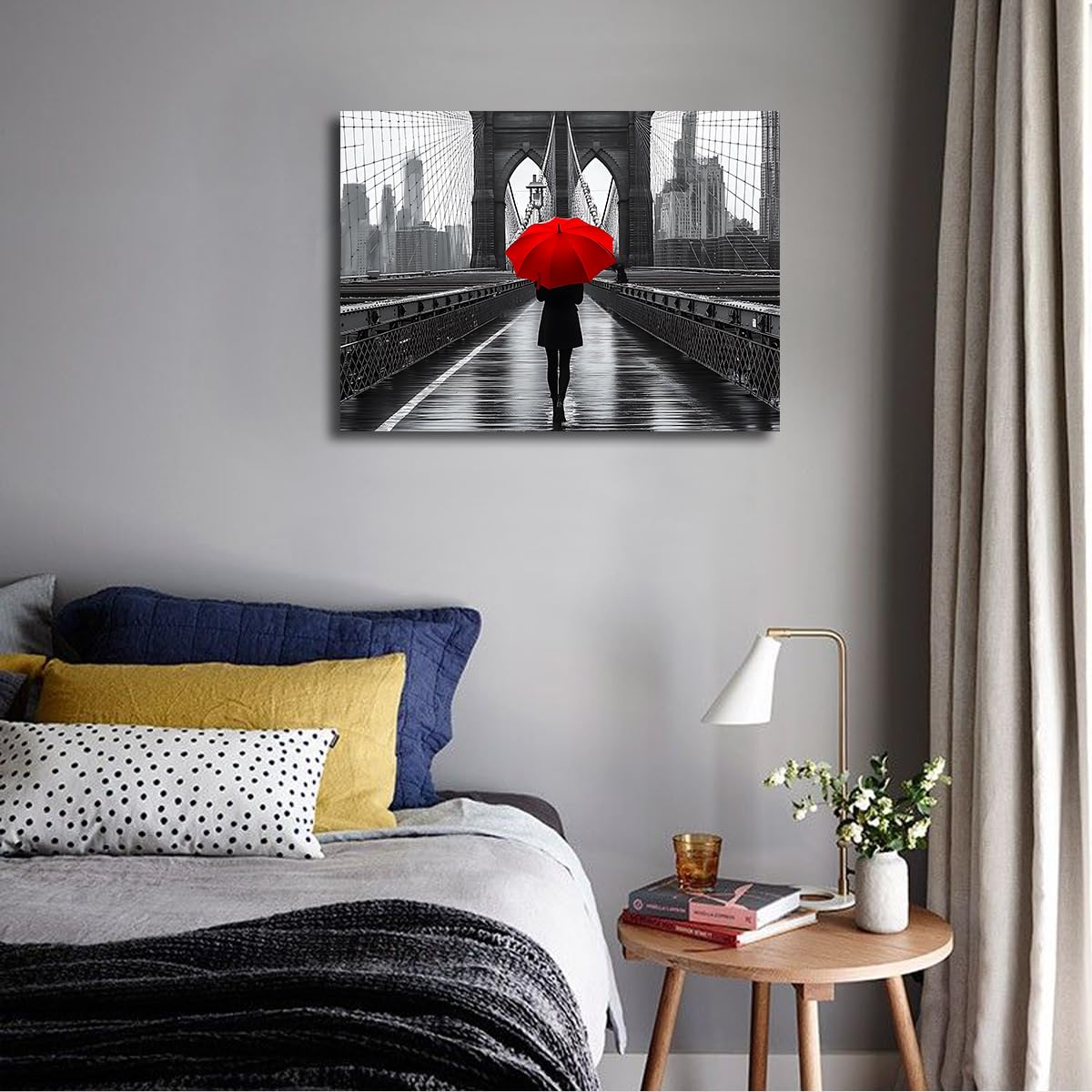 SHENGPOSTER Nowoczesny miejski plakat sztuka ścienna czerwony parasol wydruki na płótnie pieszy i most dekoracja ścienna czerwono-czarno-szary do salonu biuro wnętrze 32 x 42 cm