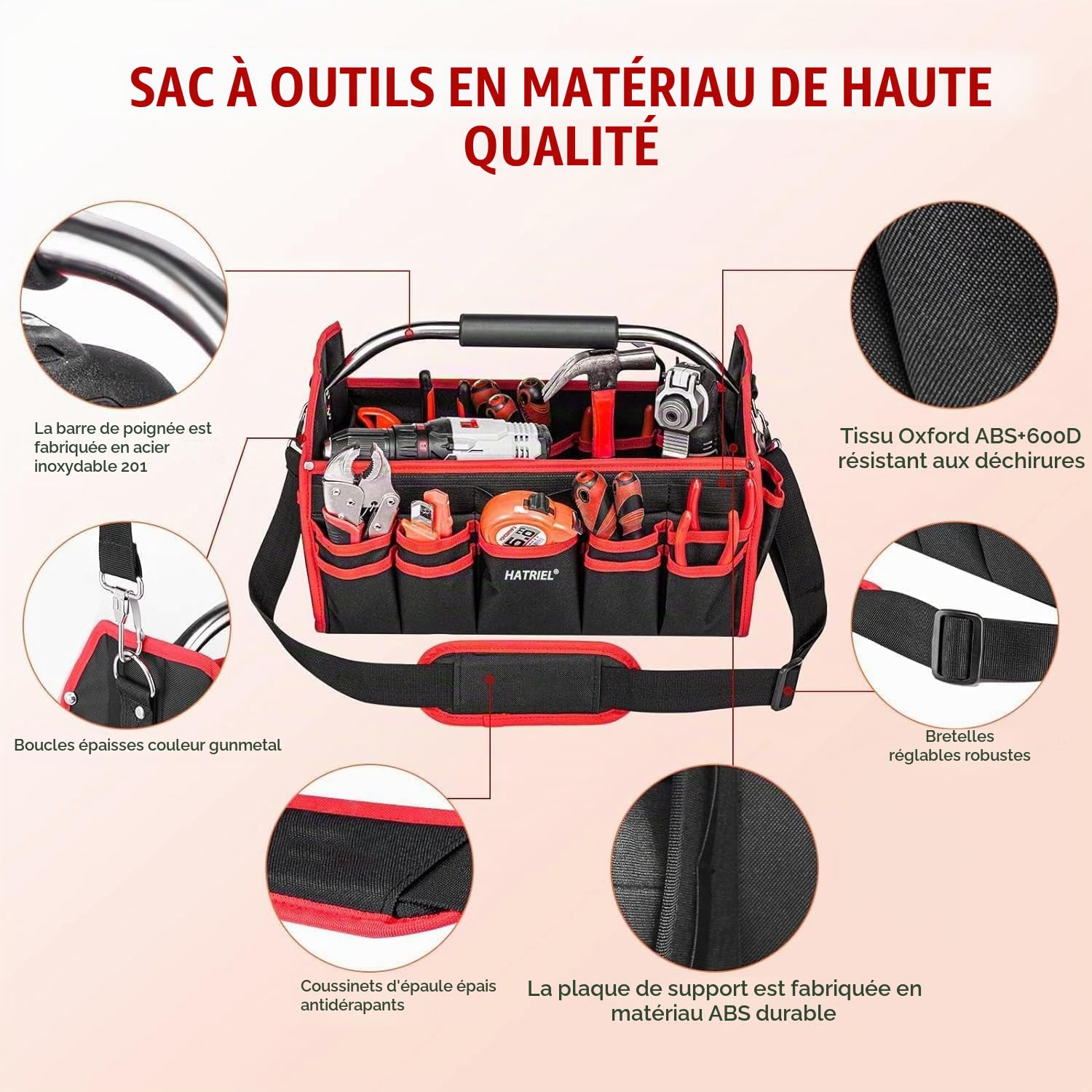Sac à Outils Professionnel, Sacoche Outils Grand, Caisse à Outil Vide Étanche, Sac à Outils avec Bandoulière Réglable et Poignée de Transport, pour Usage Domestique, Électriciens