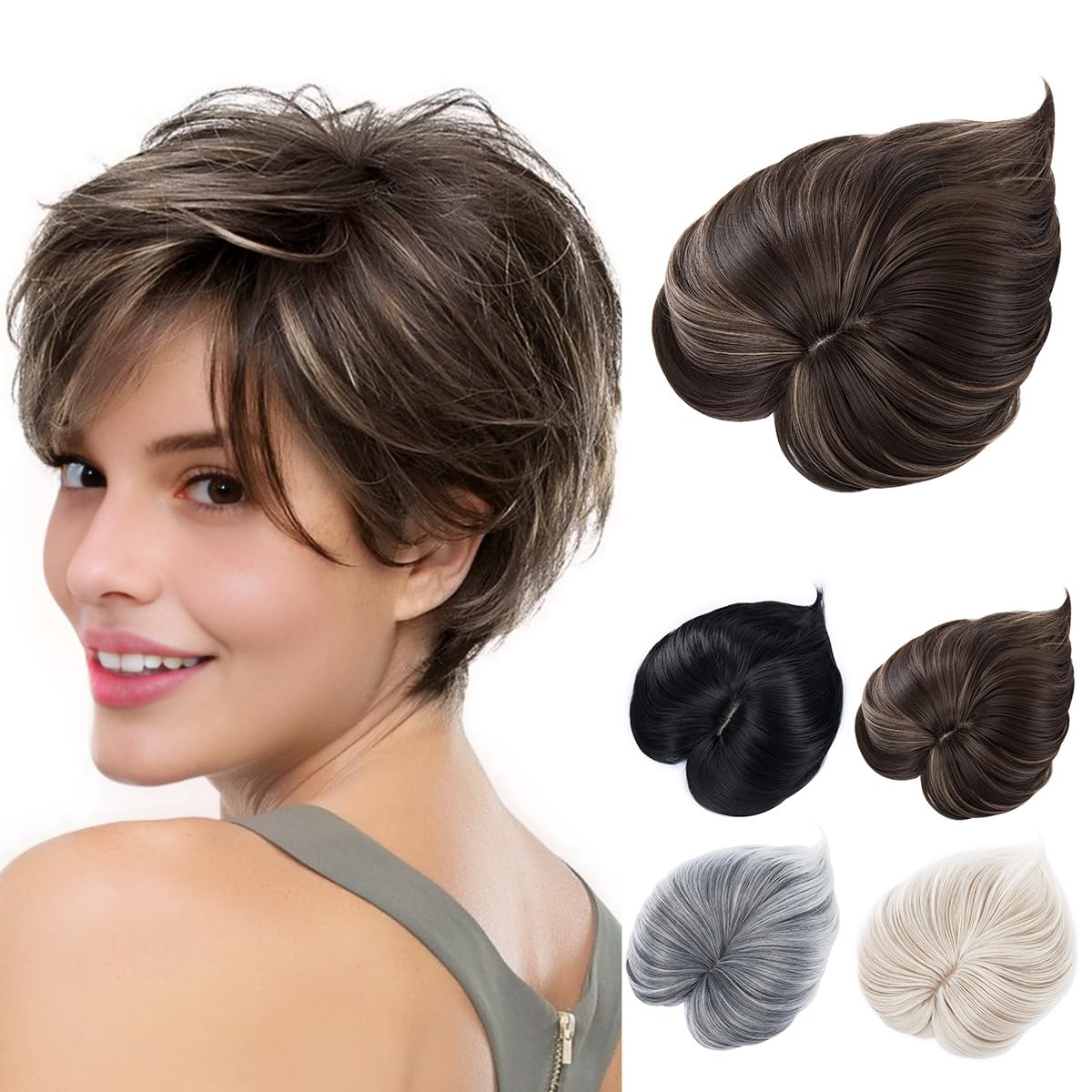 Yamel Hair Topper with Bangs 3 Clips Multi-Dimensional 7 Inches Short Synthetic Wiglets Natural Hairpieces for Thinning Hair Natural Brown mix Dark Blonde