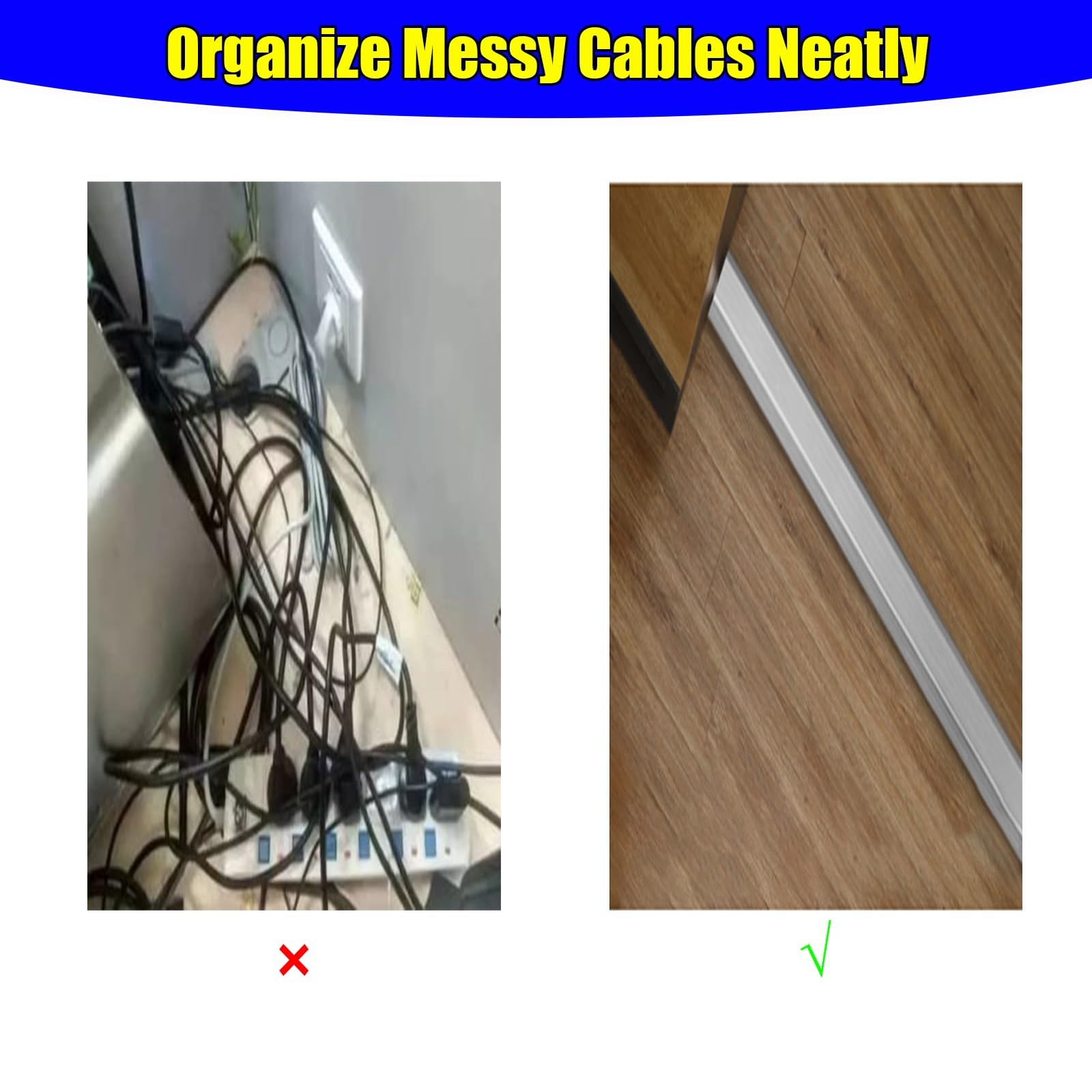 Goulotte Passe Cable Lot de 3 cache-câbles Ethernet robustes pour sol/mur, fil de canal invisible pour rallonges de salon, grand chemin de câbles en acier inoxydable(3 pcs C,W 8/9 in(24mm) hold 3 cabl