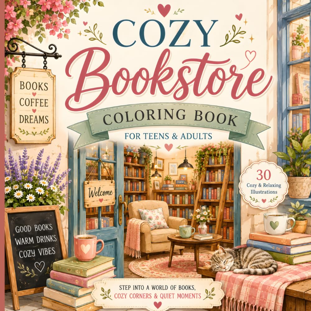 Cozy Bookstore Coloring Book: Cute Coloring Book for Adults & Teens • Relax, Unwind & Relieve Stress. (Cozy Escape Coloring Collection)