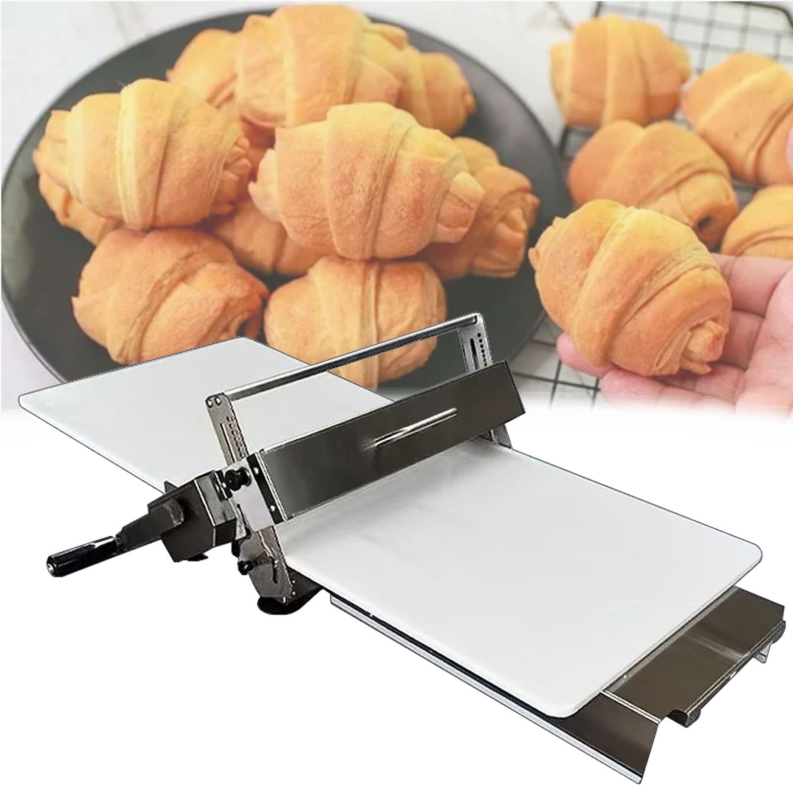 Machine à rouler manuelle pour étaler les pâtes de boulangerie avec plateaux et rouleau réglable