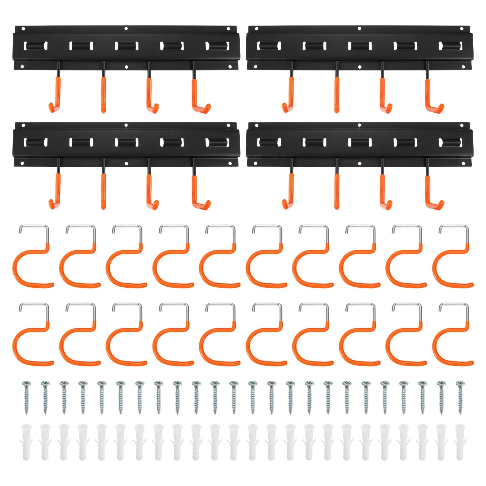 QUARKZMAN Portaherramientas de Jardín Kit, Soporte Metálico de Pared Empalmable con Ganchos Naranja para Herramientas Colgador para Escobas Fregonas Sótano Garaje, 164cm Largo Total