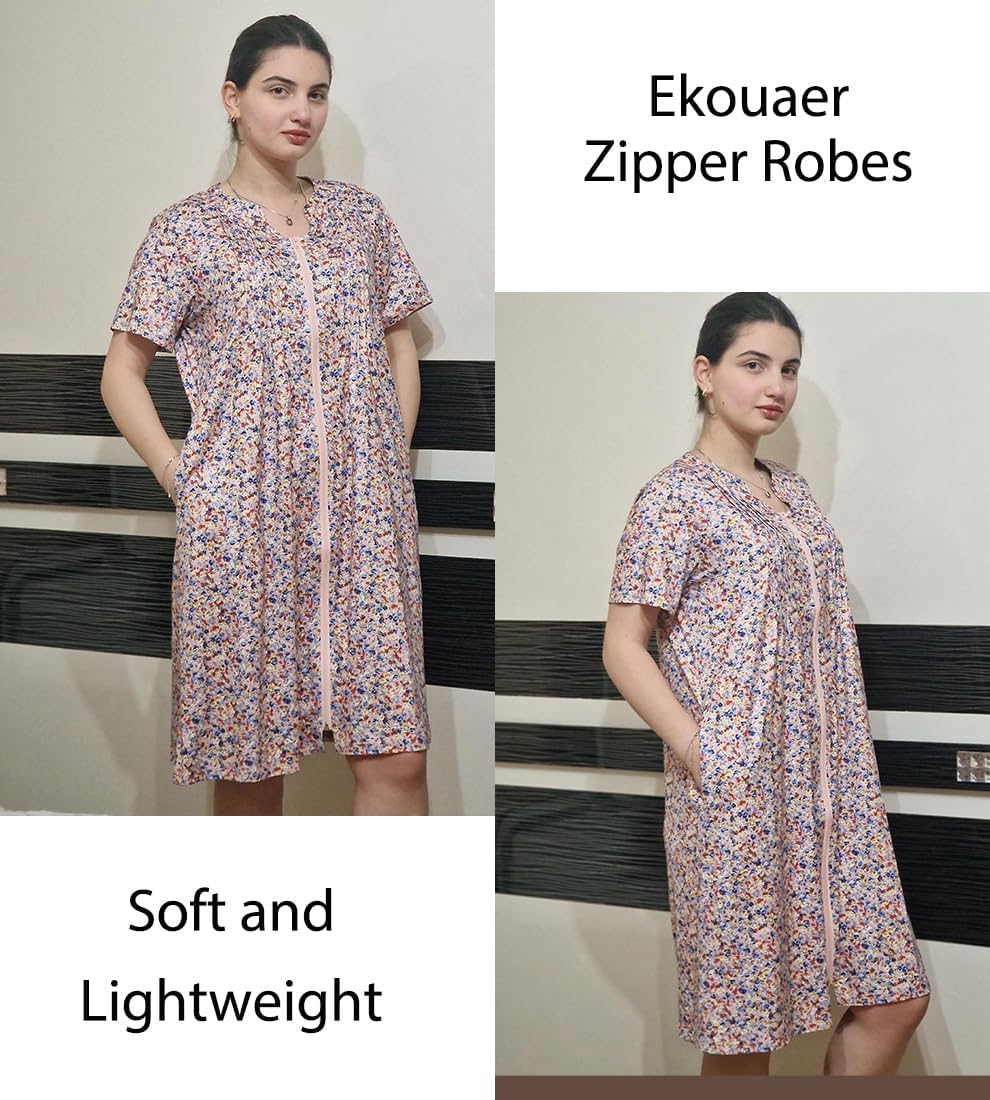 EKOUAER Women Zipper Robes Short Bathrobe Lightweight Mumu Duster House Coat with Pockets Soft Moo Moo Nightgown - Image 4