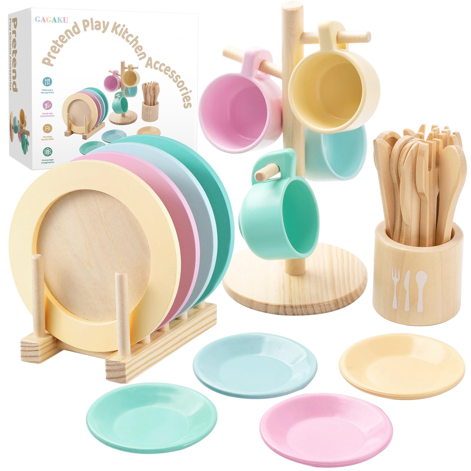 GAGAKU Holzspielzeug Kinderküche Geschirr Set - 27-teiliges Kinder Teeservice aus Holz mit Aufbewahrungsständer, Montessori-Spielzeug für Kinder 3-5 Jahre（Neueste Ausführung）