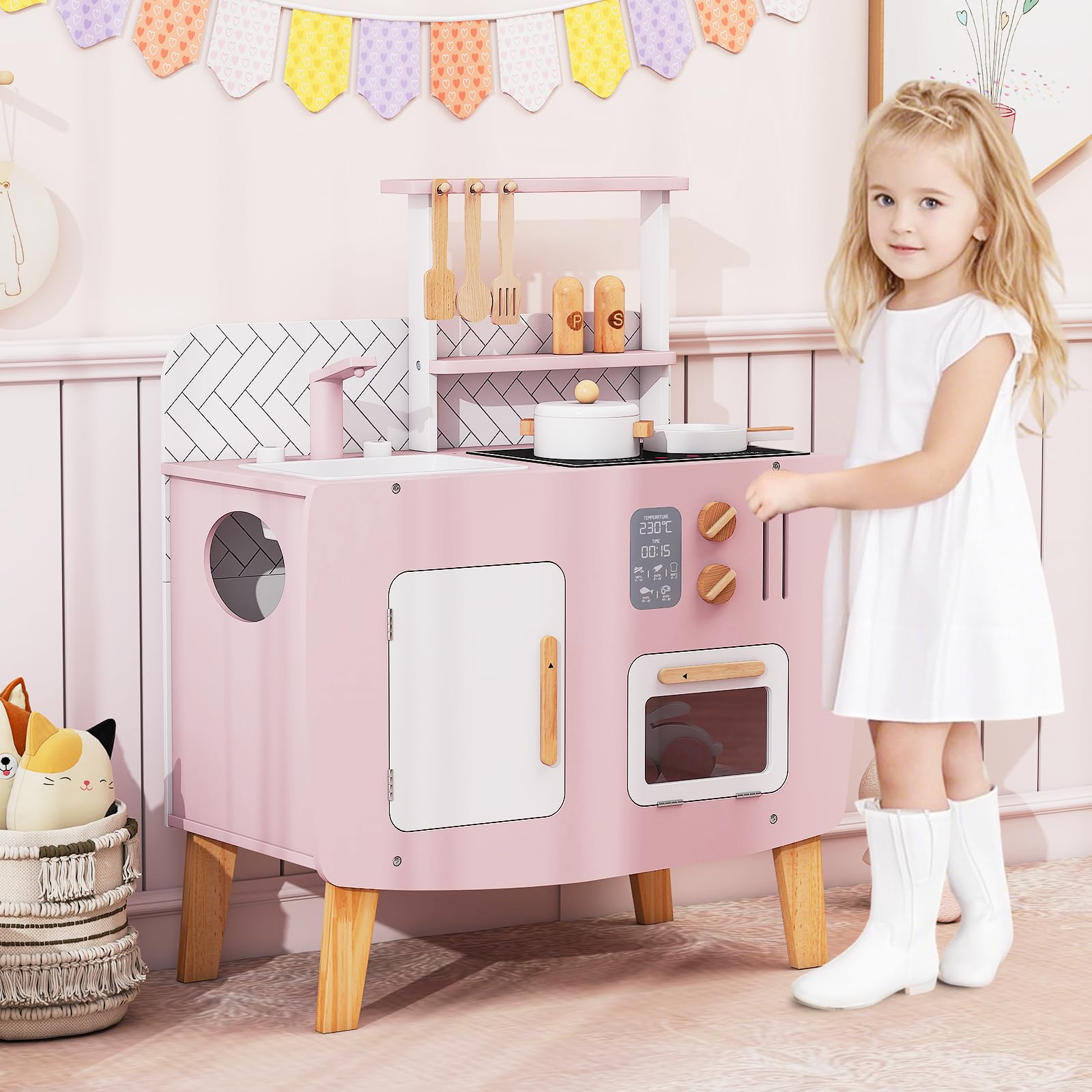 GOPLUS Cuisine Enfant, Cuisine en Bois Enfant avec Four, Cuisinière, Évier, Robinet et Ustensiles de Jeu, Jouet Montessori avec Armoire & Étagère, pour Garçons Filles 3+ Ans