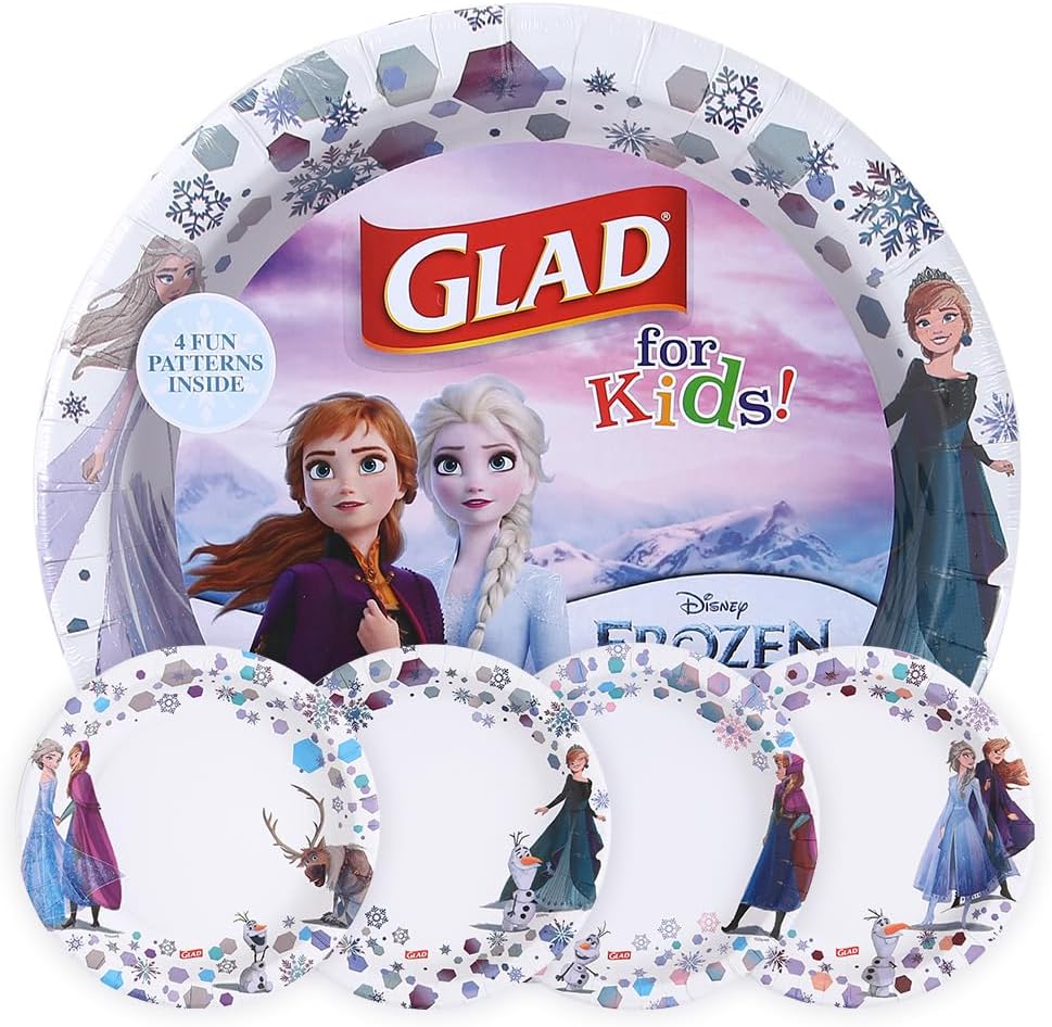 Glad for Kids Disney Frozen Disposable Paper Plates, Anna and Elsa - Heavy Duty, Soak-Proof, Microwavable Kid-Friendly Character Plates for Everyday Meals, 8.5 inch, 40 Count