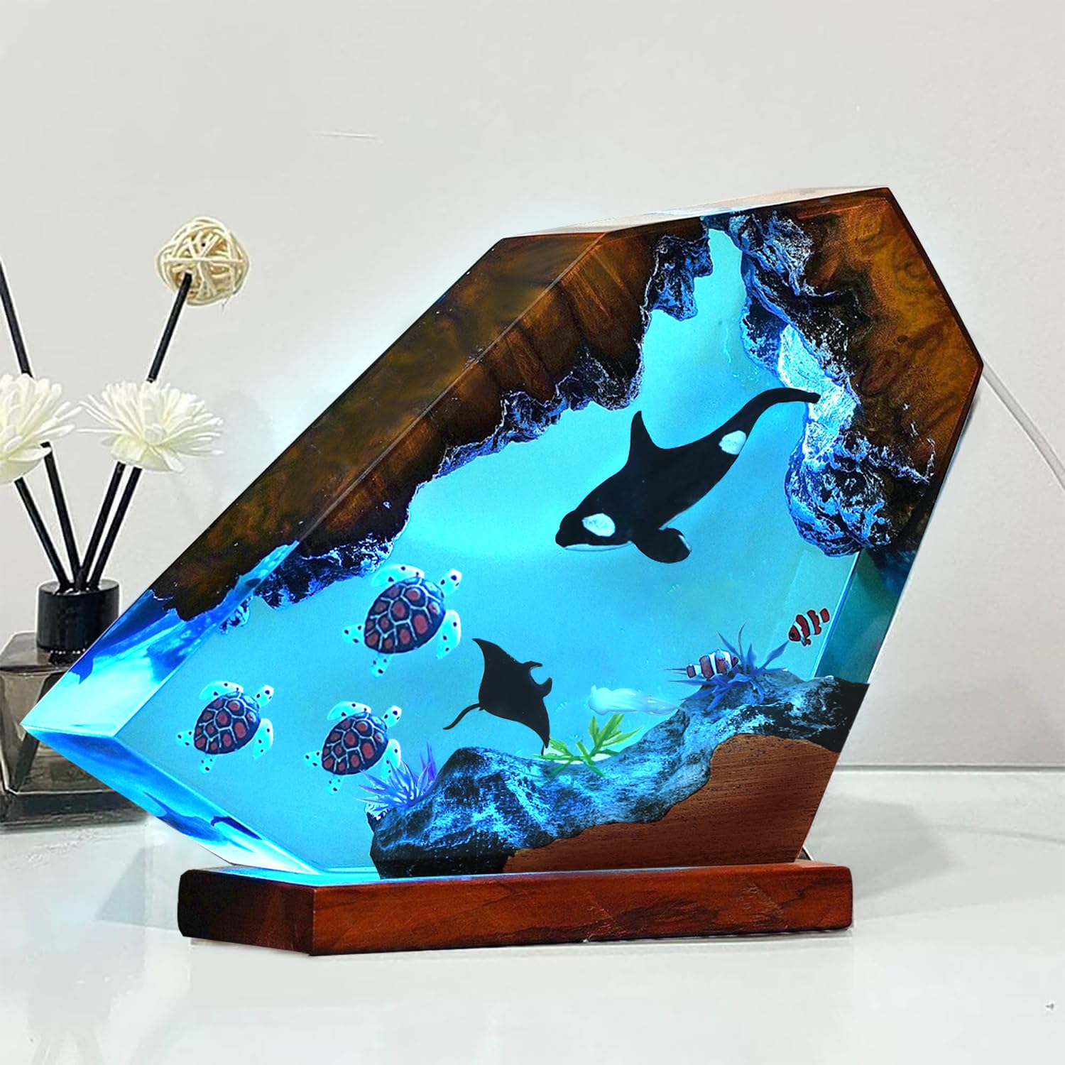 Epoxy Orca Ocean Resin Lamp, Handmade Resin Night Light with USB Port