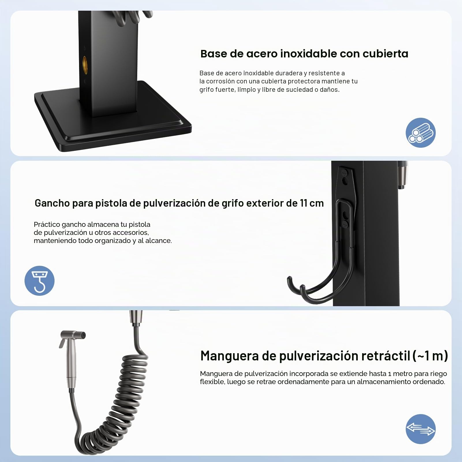 Columna de Agua para Jardín, Grifo de Jardín Negro con Pistola y Manguera, Columna de Grifo Exterior de Pie de Acero Inoxidable, Poste de Agua, Fuente Jardín, Resistente a Las Heladas 95 cm
