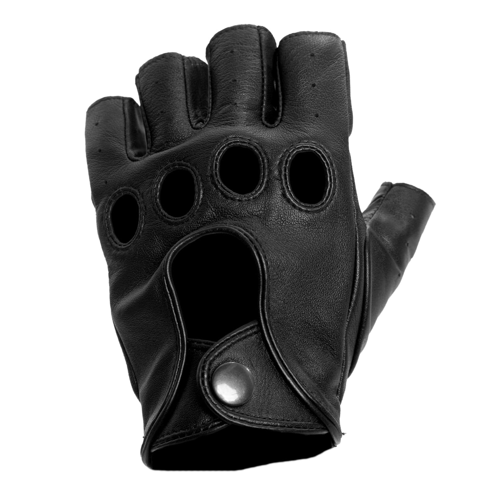 Barcelona Men’s Leather Driving Gloves (Shorty) Breathable Fingerless and Open-Knuckle with Snap Closure (Unlined) Black