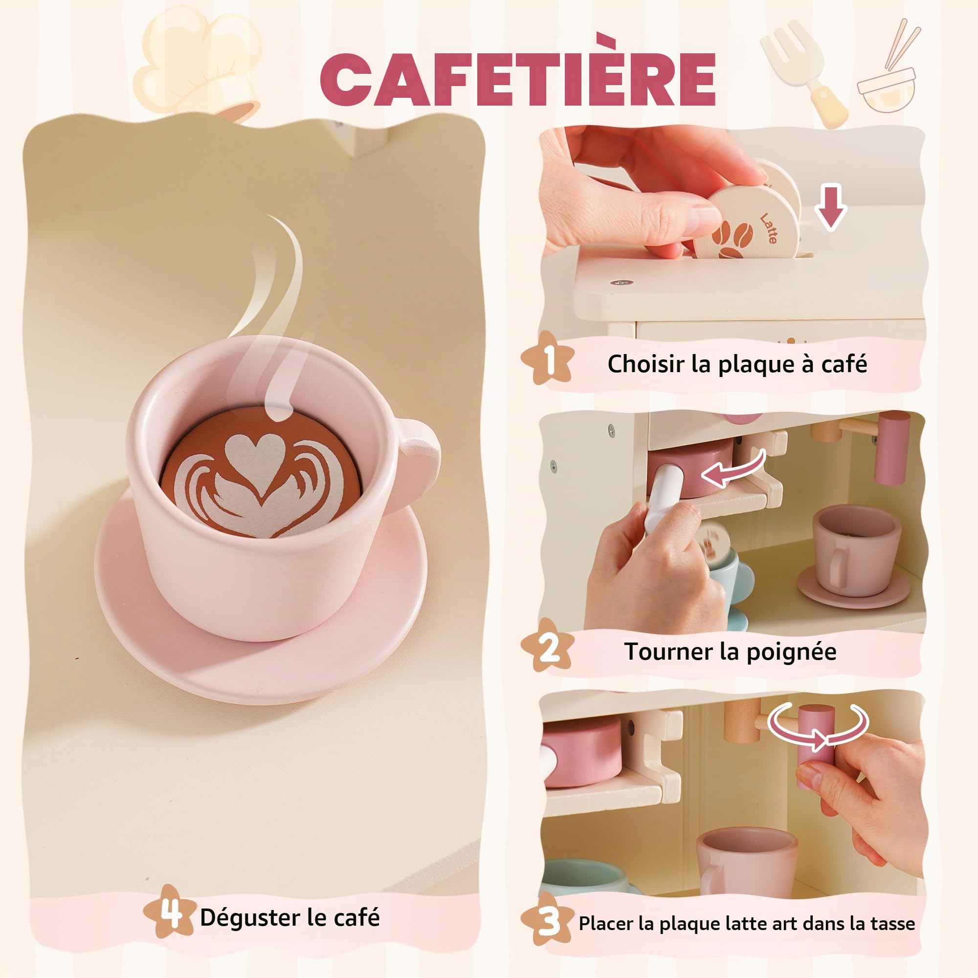 ROBUD Cuisine de jeu en bois pour enfants avec machine à pain, four avec gâteaux, vaisselle, machine à glaçons intégrée, ensemble de cuisine pour garçons et filles à partir de 3 ans, rose