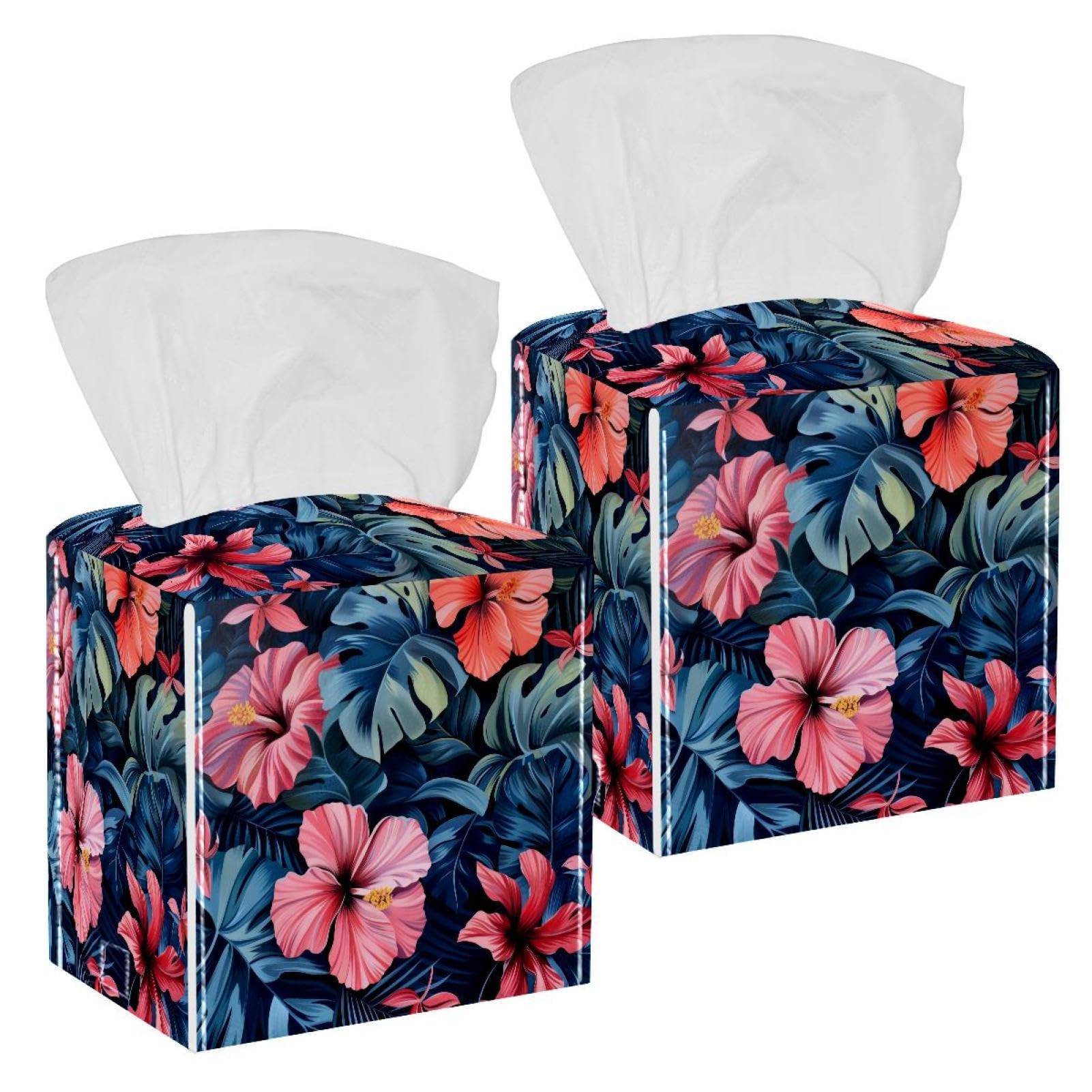 Artistic Leaves Tissue Box Cover, 2 Pack PU Leather Square Facial Tissue Dispenser Box holder for Home Office Car