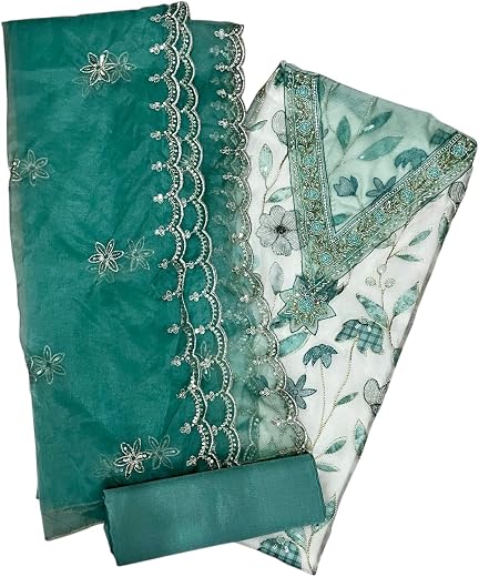 Sohni Sajri Unstitched Punjabi Suit Dress Material, Organza Tissue, Floral Embroidered, Green and Cream, Ethnic Wear with ...