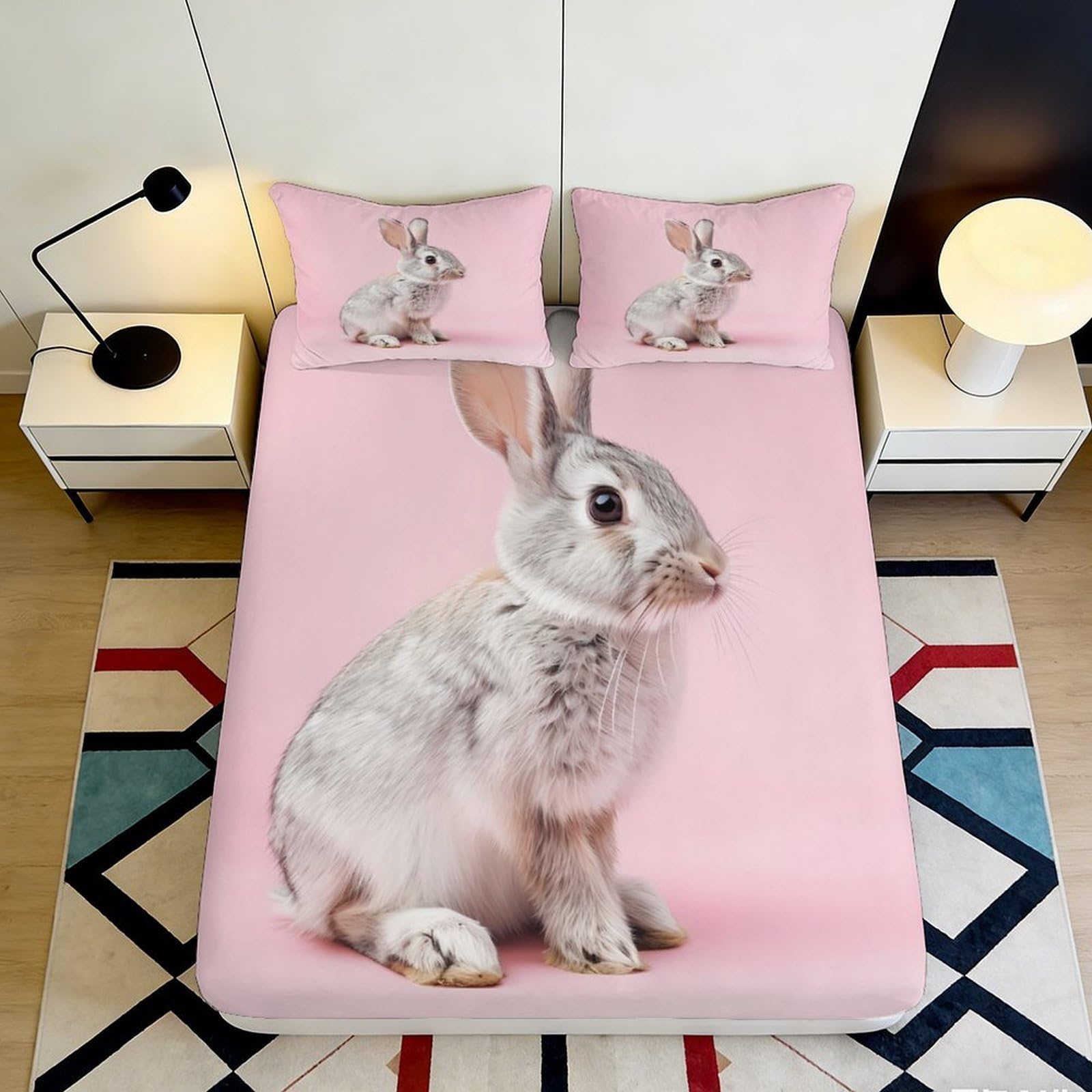 Uxinyoume Style-7 3D Printed Cute Bunny Fitted Sheet Pink Microfiber Soft Anti-Slip Rabbit Mattress Cover For Bedroom Guest Room Decor 90X200x25cm