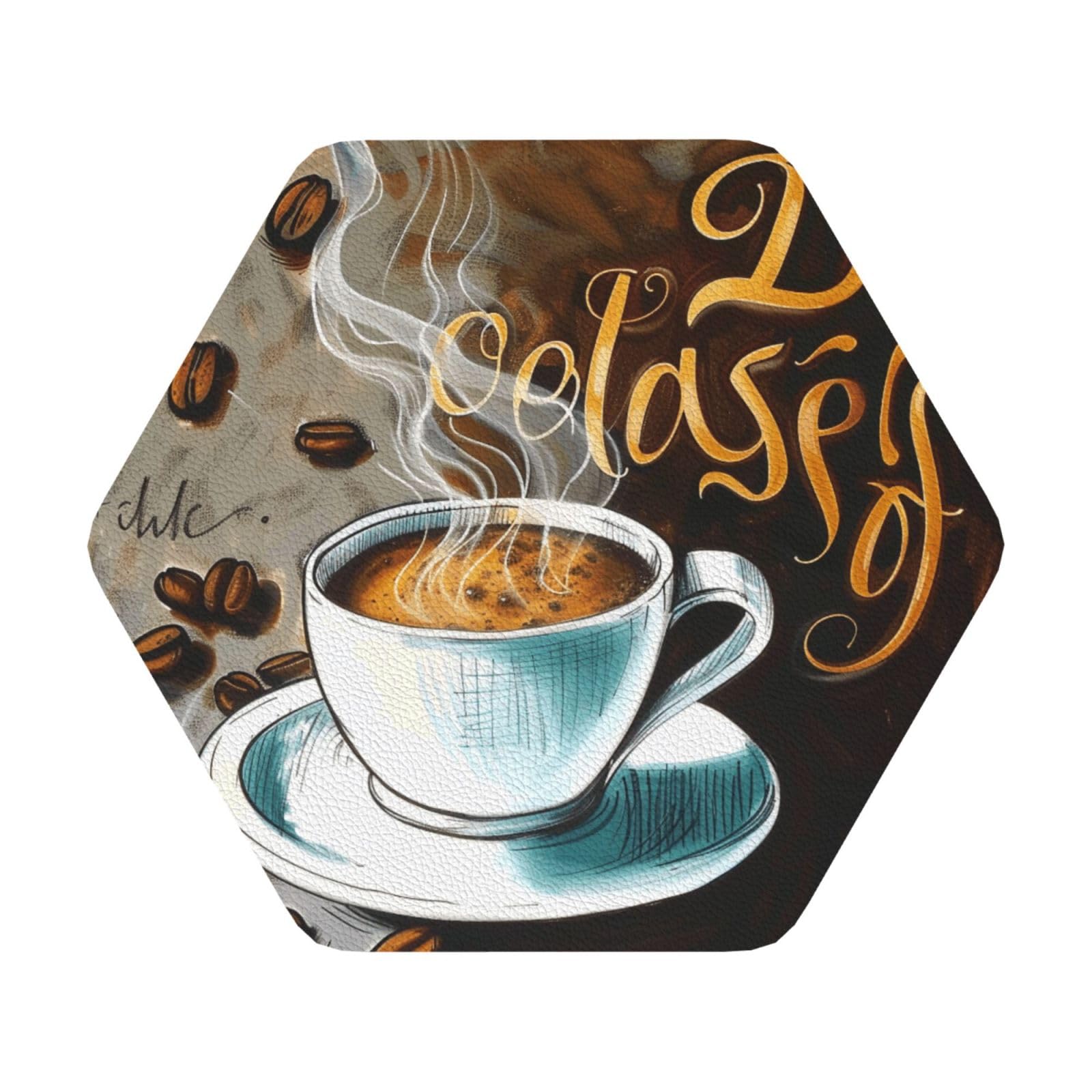 Delicious Coffee Print Leather Coaster Set of 6, Hexagon Coasters Table Decorative Coffee Cup Beverage Coasters Wine Beer Bar Coasters for Hot Drinks Table Protection
