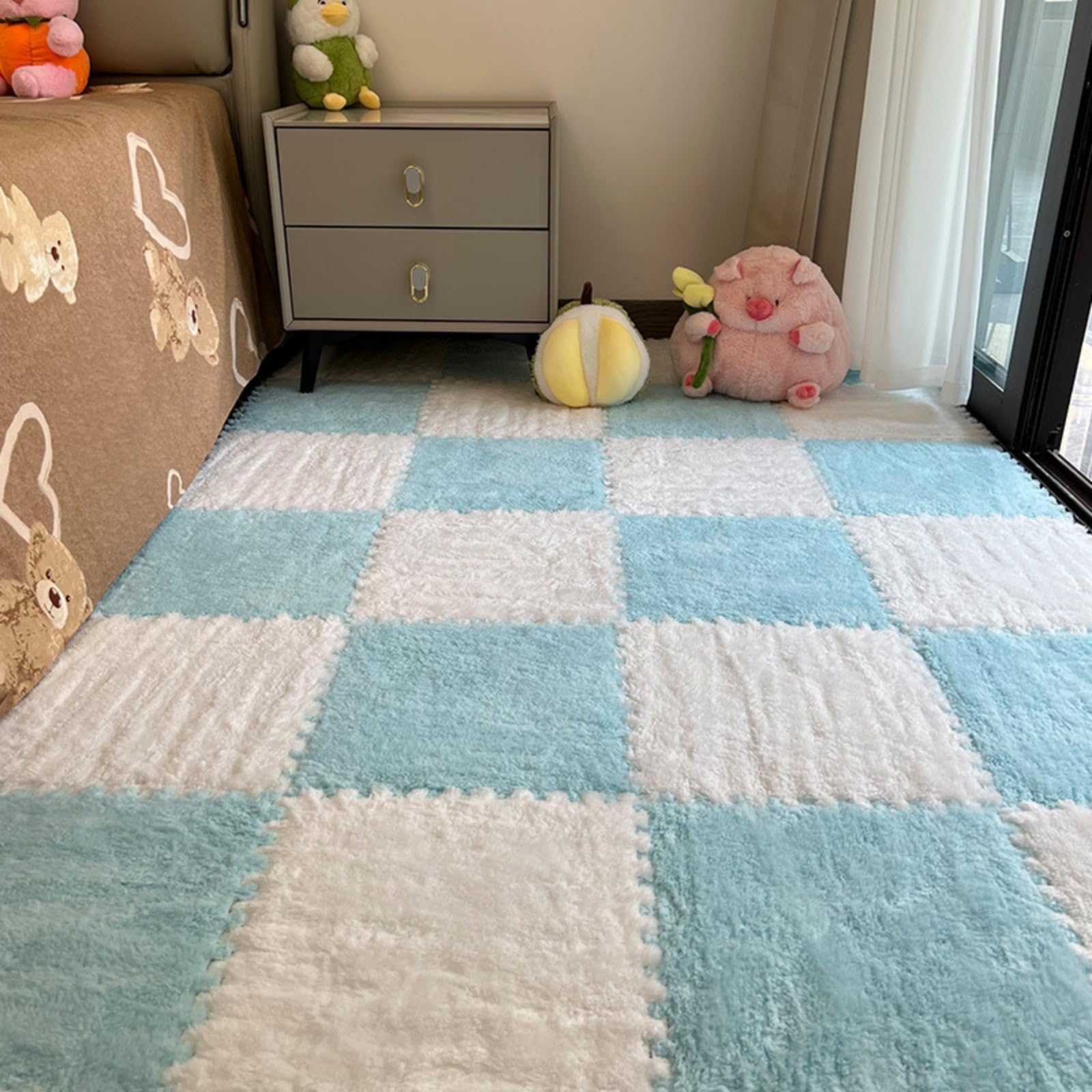 Hiseng 12 Pezzi Tappetini Puzzle in Peluche, Tappeto Puzzle Morbido Peluche Tappetino in Schiuma Piastrelle in Schiuma a Incastro per Camera da Letto