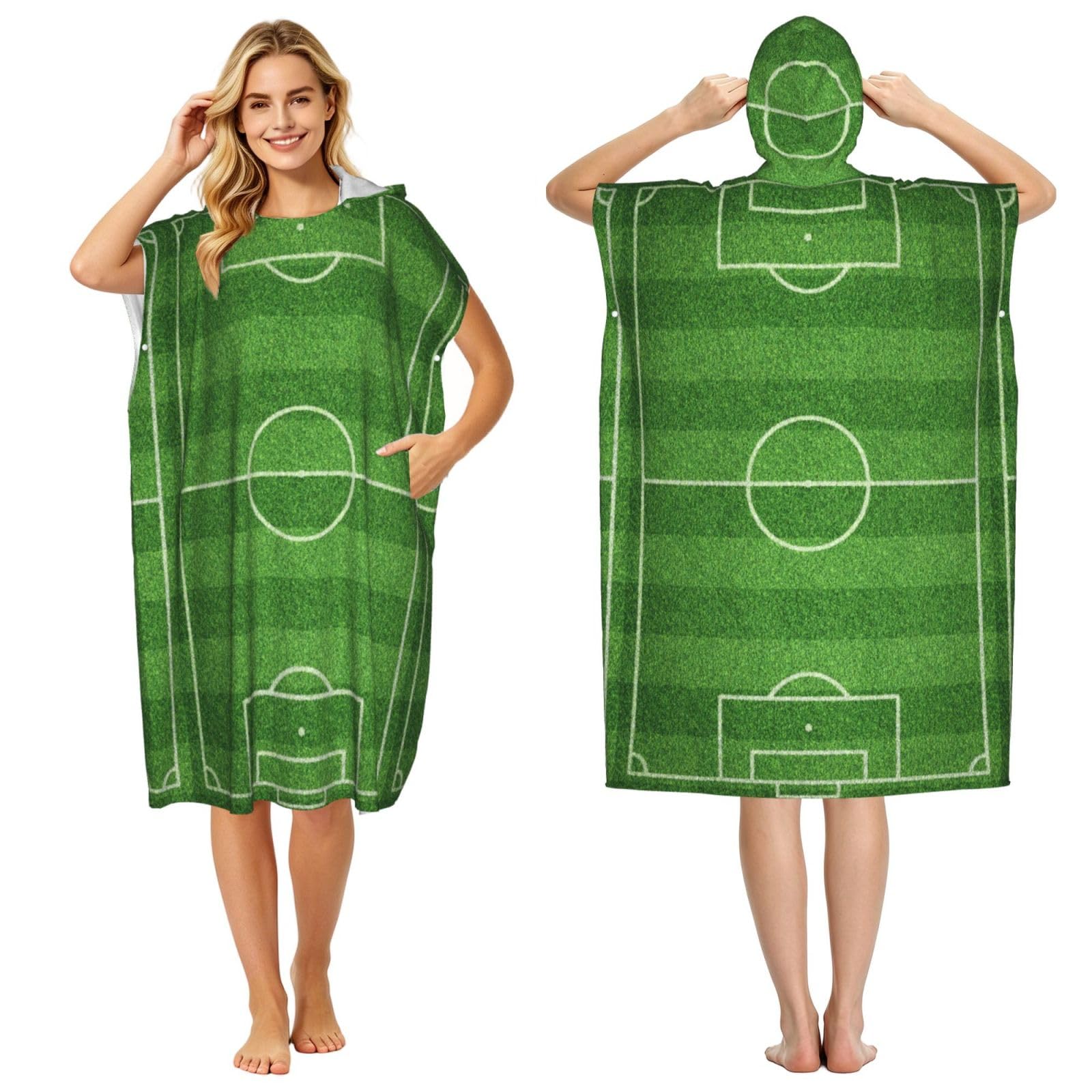 Poadnly Soccer Field Football Green, Adult Hooded Beach Towel 90 x 110 cm,Changing Bath Robe, Surf Poncho Towel For Women Men