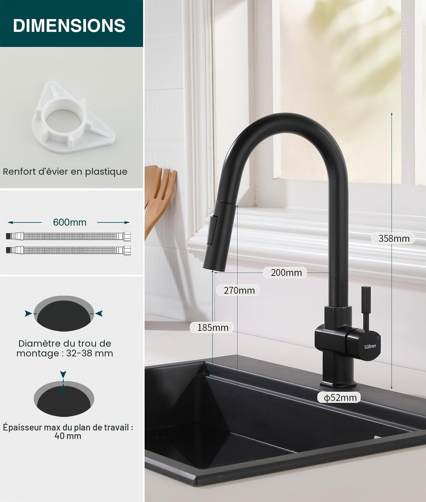 Robinet de Cuisine,Robinet de Cuisine Haute Pression Avec Douchette Extractible,Pivotant à 360°,Mitigeur D'éVier à Double Bec,Mitigeur de Cuisine En Acier Inoxydable Noir