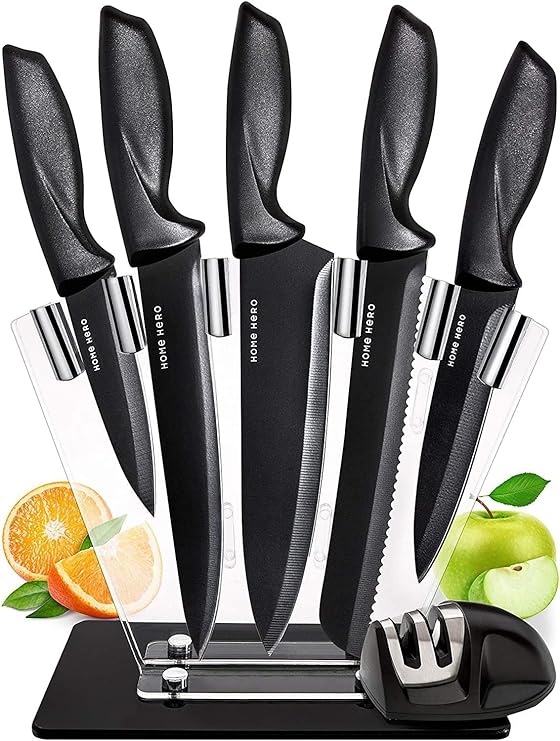 Dwelling Hero Kitchen Knife Set, Steak Knife Set & Kitchen Utility Knives – Extremely-Sharp Excessive Carbon Stainless Metal Knives with Ergonomic Handles (7 Computer Set, Black)