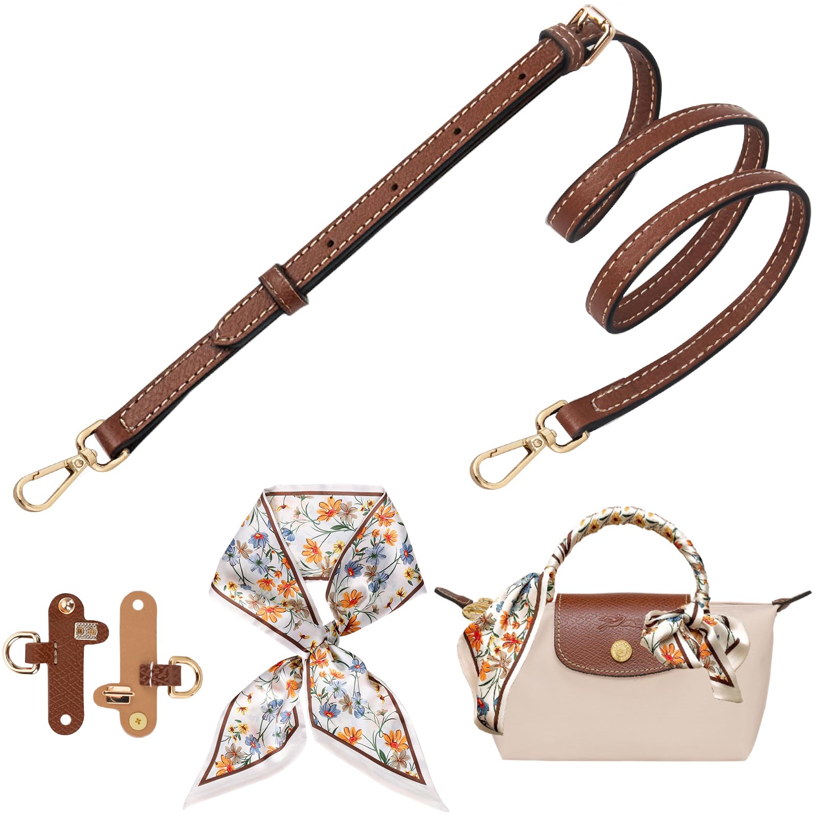 Clasextr Crossbody Strap for Longchamp Mini Bag, Leather Shoulder Strap Kit, Equipped with Silk Head Scarf