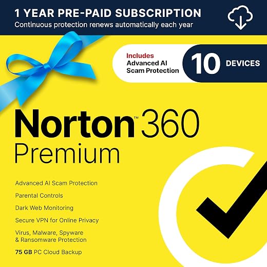 Norton 360 Premium, Antivirus software for 10 Devices with Auto-Renewal – Includes Advanced AI Scam Protection, VPN, Dark Web Monitoring & PC Cloud Backup [Download]