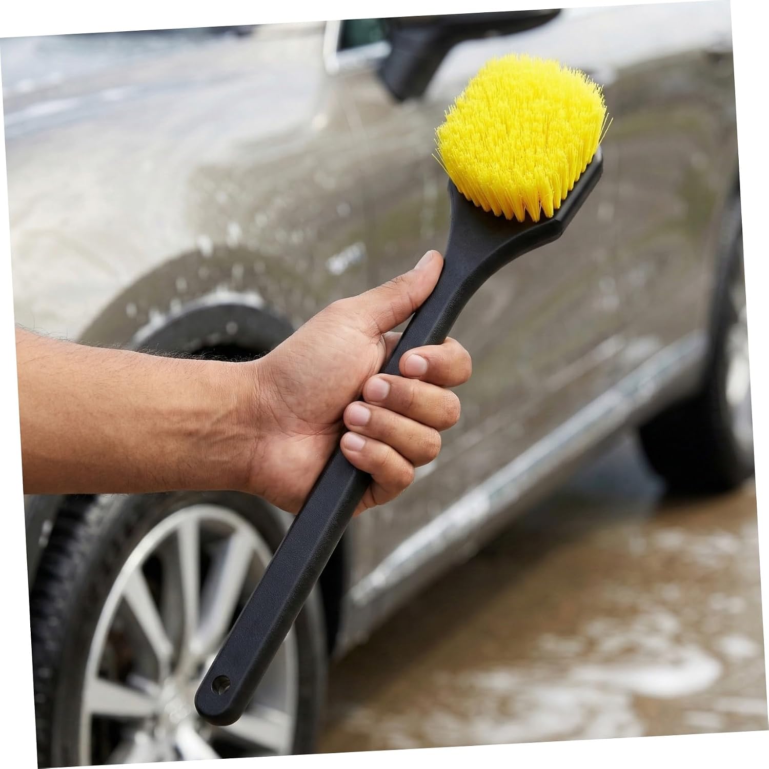 MAGICLULU Car Tire and Rim Cleaning Brush Long Handle Hard Nylon Bristles Tire Shine Brush for Car Detailing and Wheel Care with Yellow Handle