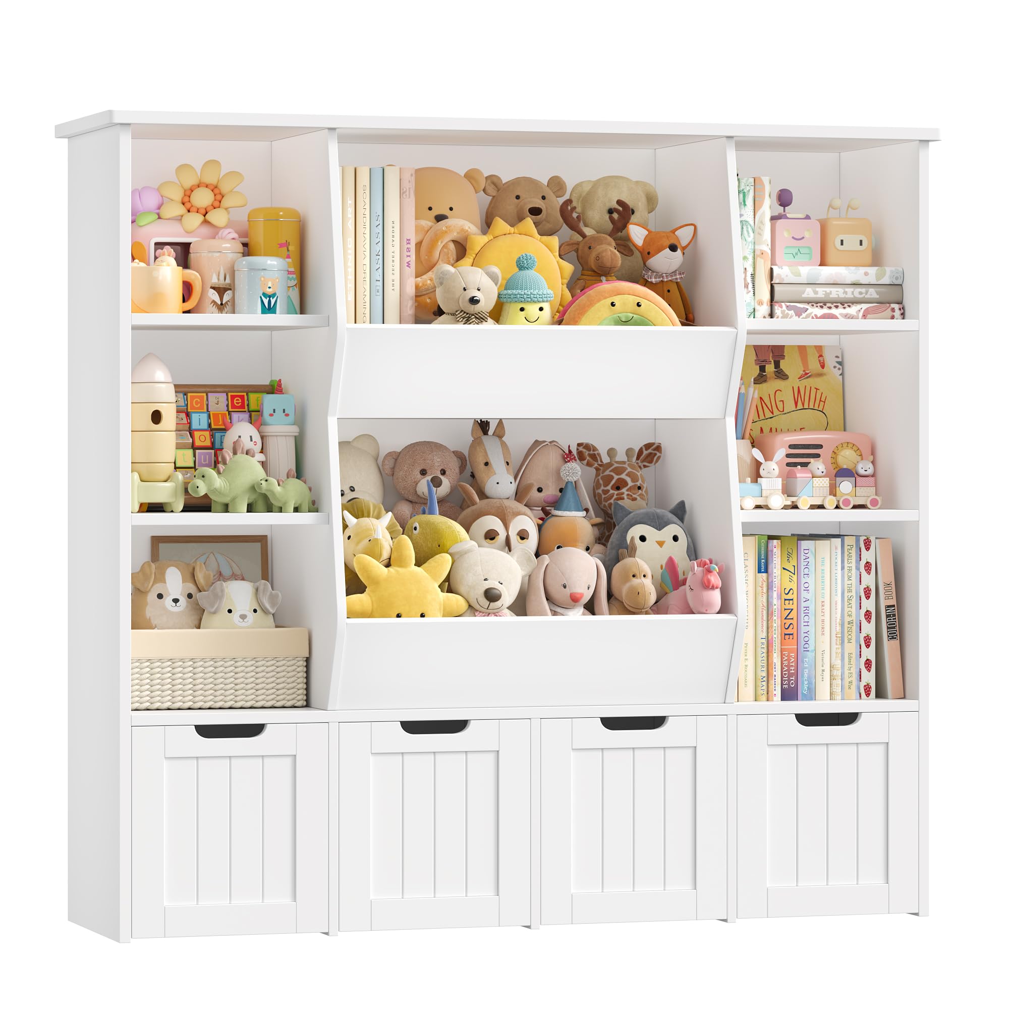 FOREHILL Kids Toy Storage Unit Childrens Bookcase Toy Organiser Kids Bookshelf, 8 Open Compartments, 4 Drawers with Wheels, for Nursery Playroom White 124.5x35x118cm