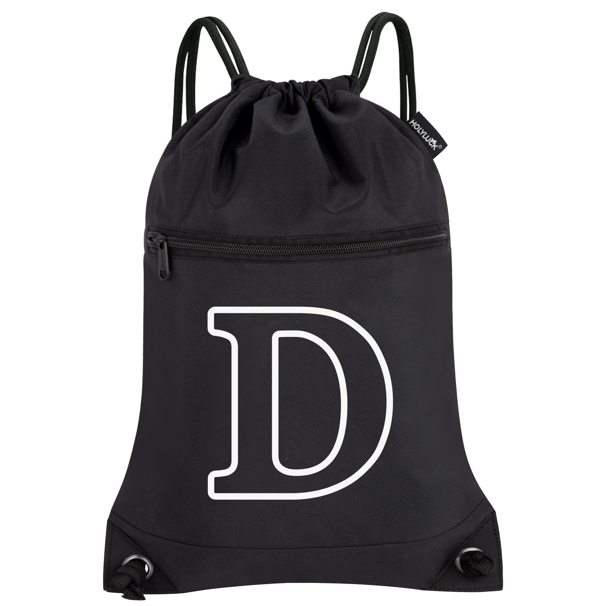 HOLYLUCK Drawstring Bags Initial Backpack Sackpack Cinch Bags for Sports, Gym, Travel, Beach (Black-D)