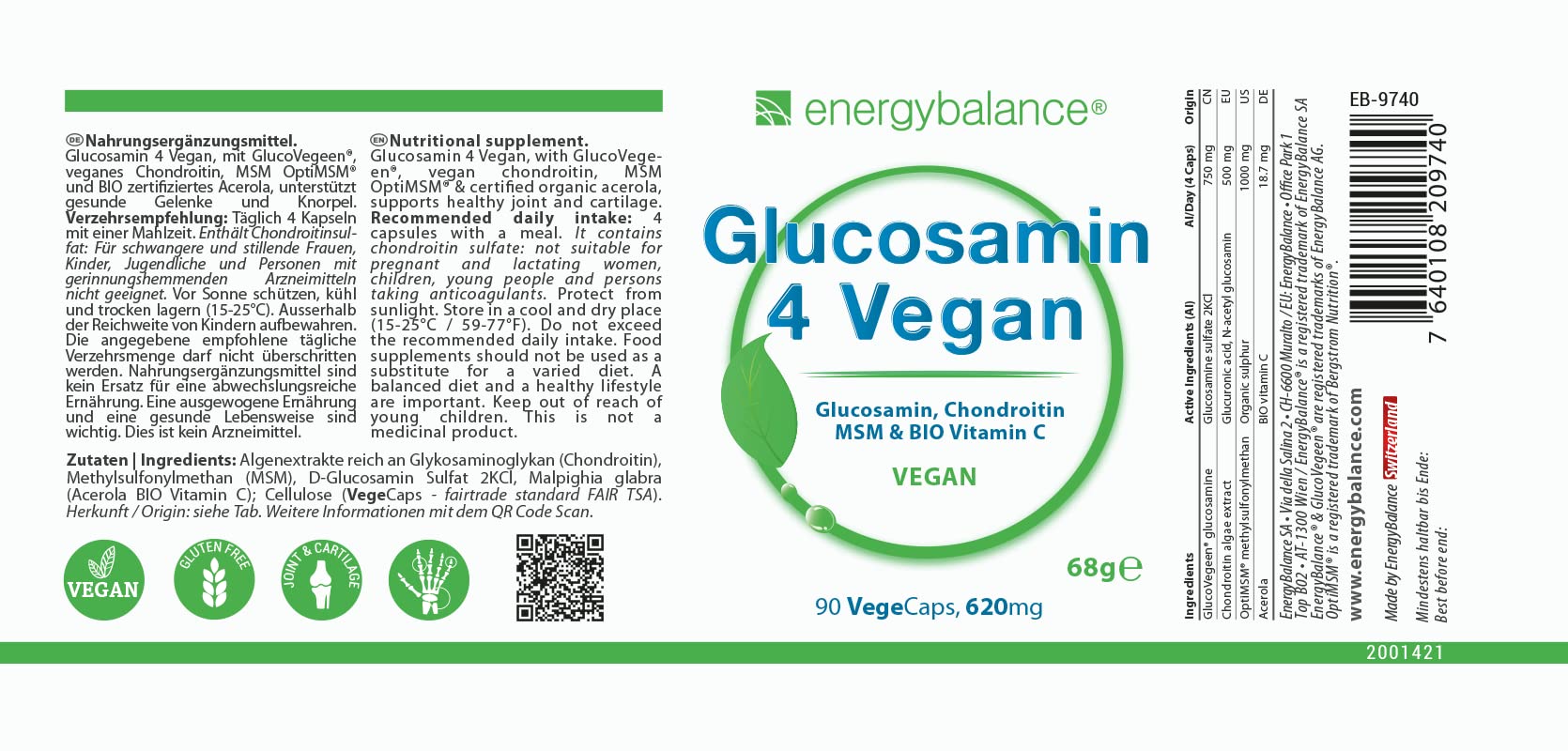 Glucosamin 4 Vegan 620mg pro Kapsel - Vier vegane Inhaltsstoffe in einem zum Wohlbefinden: Glucosamin, Chondroitin, MSM (Methylsulfonylmethan) und Acerola-Vitamin C - 90 Kapseln