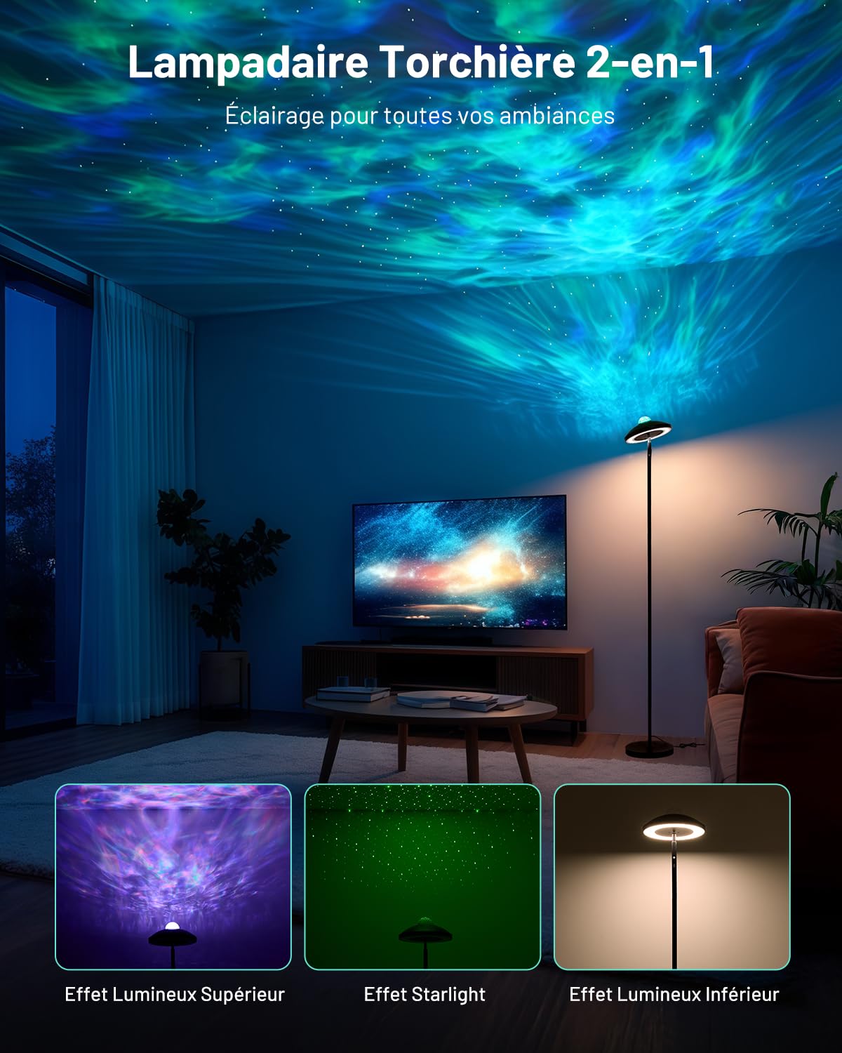Lampadaire LED avec Projecteur d'étoiles RGB et Télécommande Noir Moderne