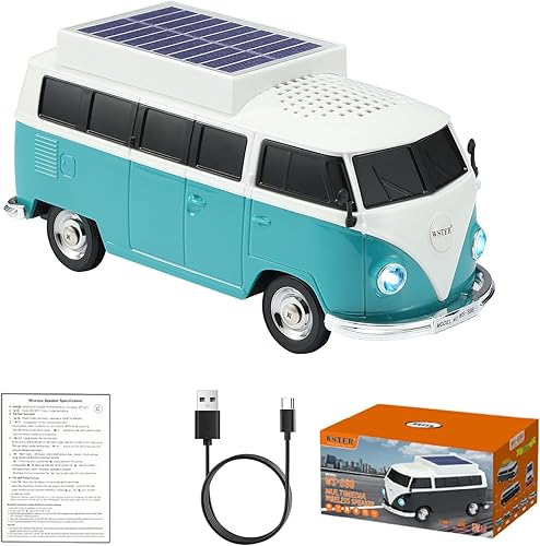 WS-698 Solar Retro Minibus Altavoz Bluetooth inalámbrico - Radio FM, TWS estéreo, sonido HD, luces LED de fiesta, enlace manos libres, reproducción