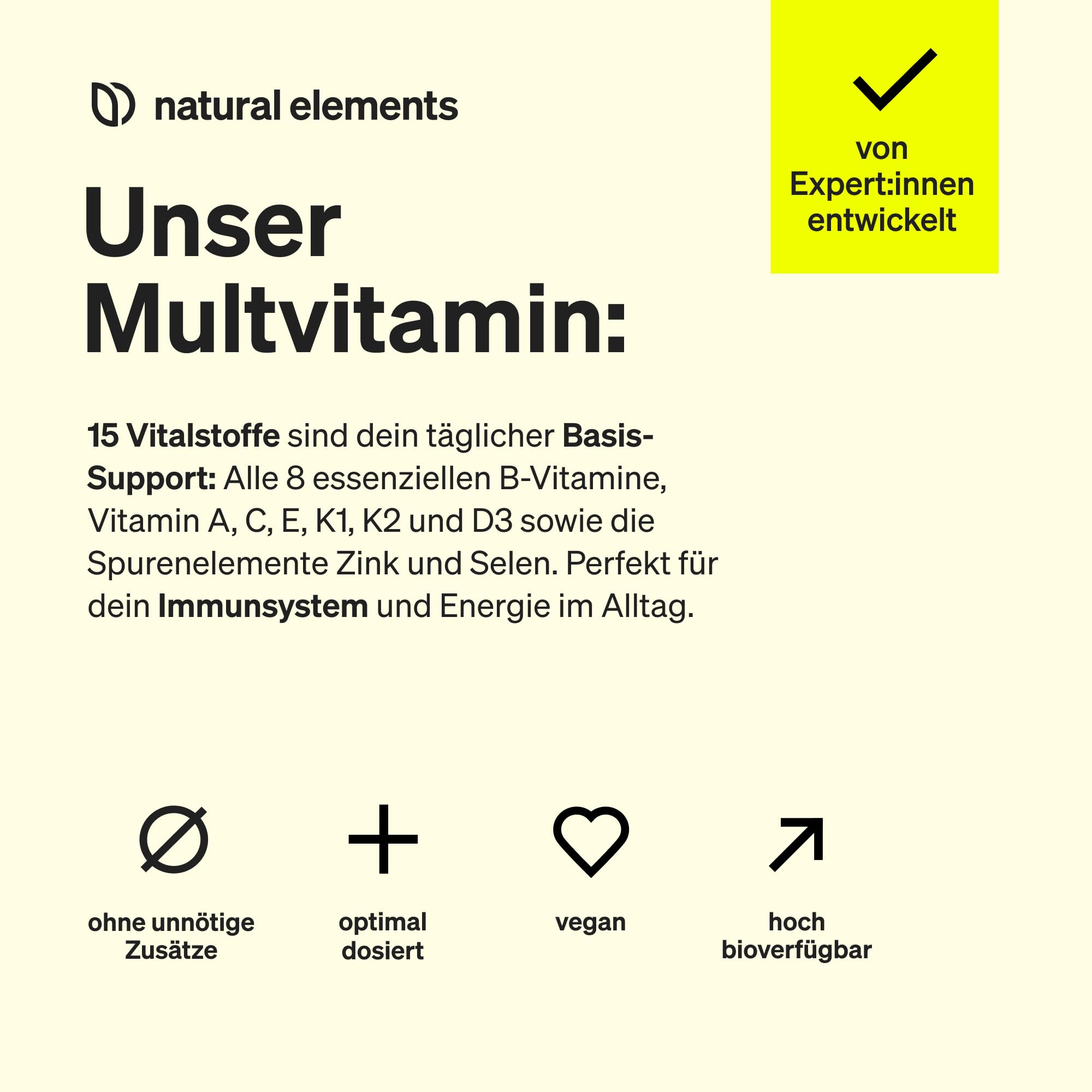 natural elements Multivitamin – 365 vegane Tabletten – Jahresvorrat – wertvolle Vitamine A-Z, mit Vitamin K1 und K2 – ohne unnötige Zusätze – in Deutschland produziert & laborgeprüft