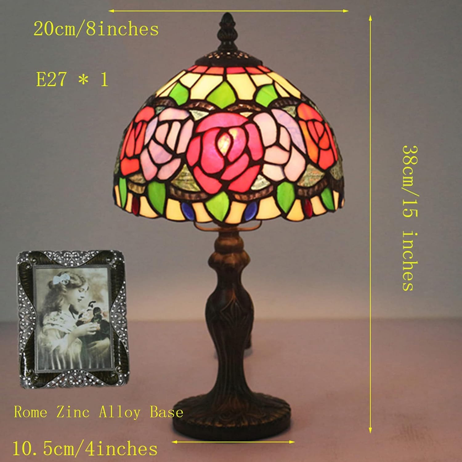 Lampa różana, lampa stołowa w stylu Tiffany'ego lampka nocna, sztuka kwiatowa witraż na biurko akcentująca lampka nocna dla dziewczyny kochanka sypialnia salon, prezent urodzinowy, 8 * 15 cali (D)