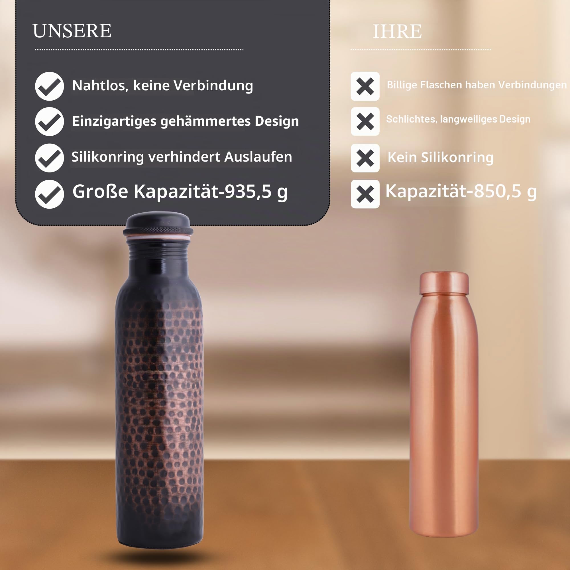 STAGLIFE Trinkflasche aus reinem Kupfer, auslaufsichere Wasserflasche mit antikem schwarzem Finish (groß/1 Liter/963.9 g)