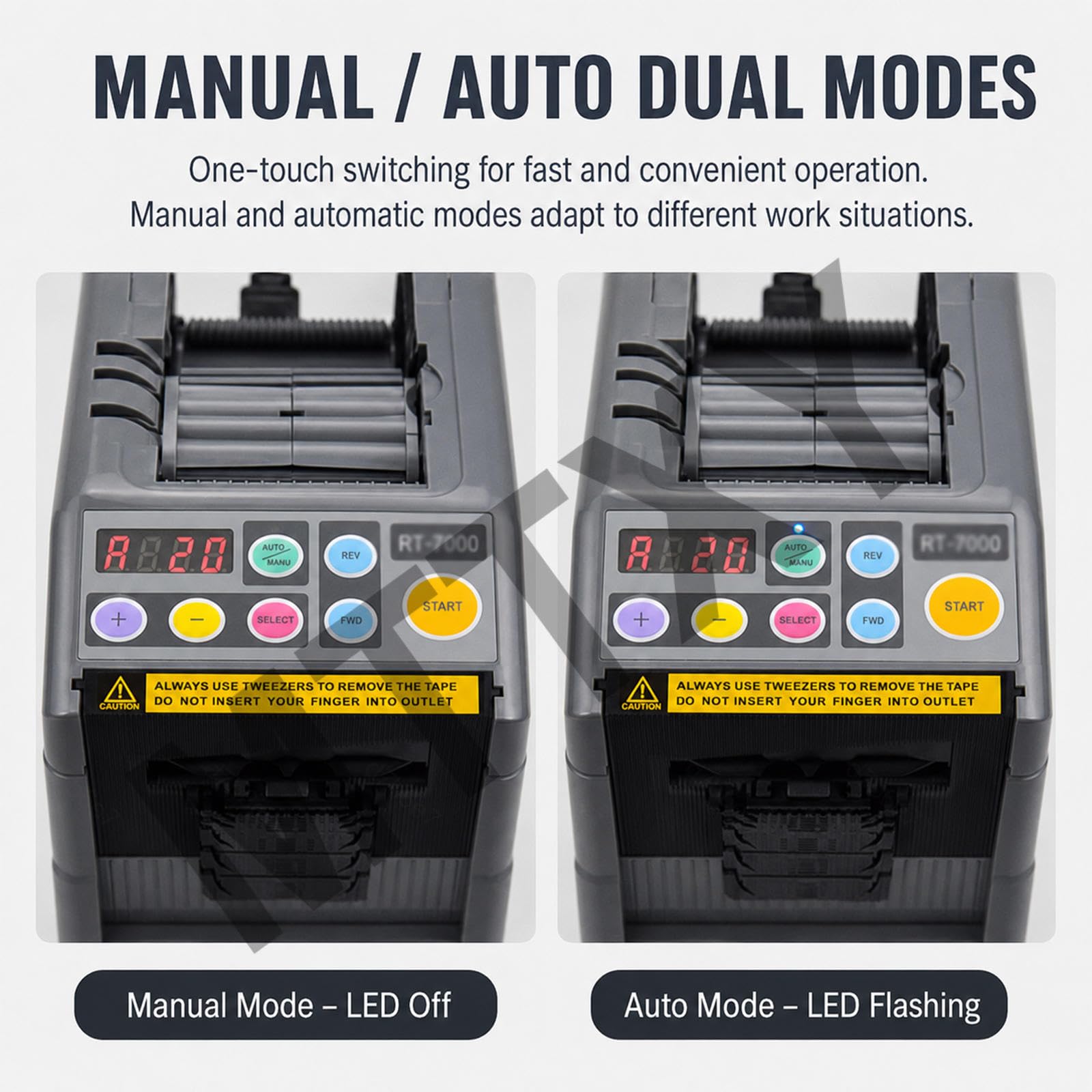 Dispensador Eléctrico de Cinta, 6-60 mm, Auto/Manual | Corte hasta 999 mm con engranaje de silicona antideslizante y pantalla LCD para oficina, almacén y embalaje.