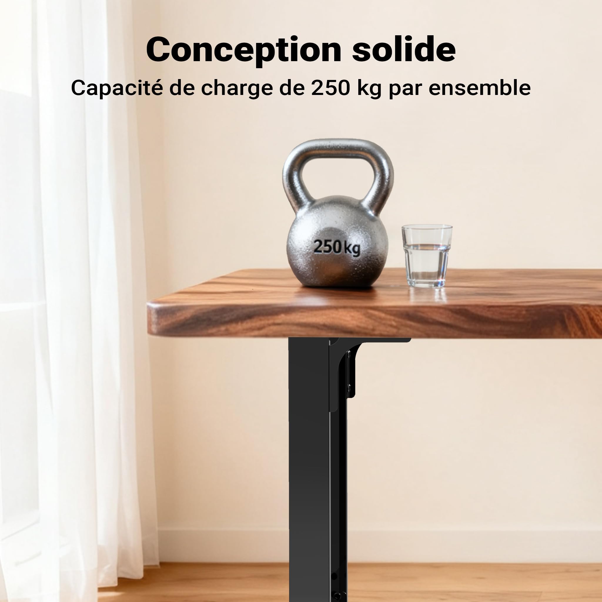 WilTec Pieds de Table en Profil carré - 600 x 240 x 720 mm - Couleur Noire, Transparent - en Acier - Revêtement par Poudre - Piètement Support Bureau pour Plan de Travail Salle à Manger