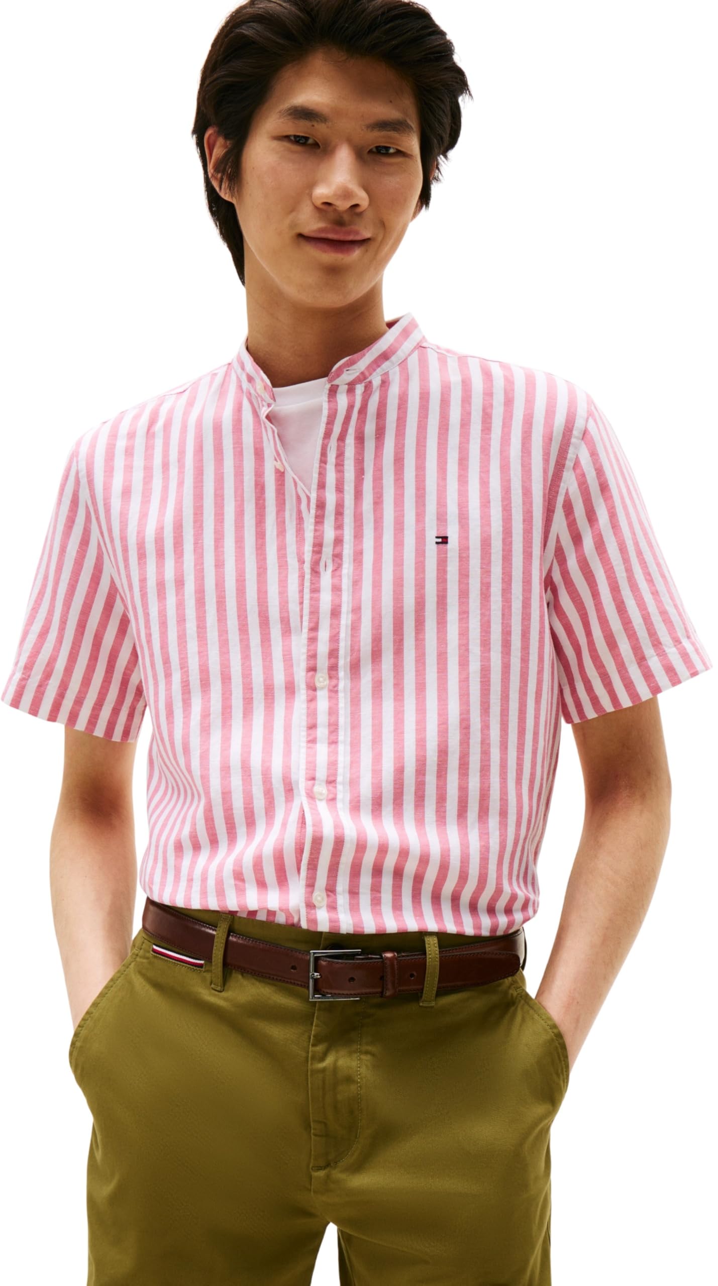 Tommy Hilfiger Men's Linen Blend Grandad Collar Shirt, Multicolor (Vintage Rosy/White), M