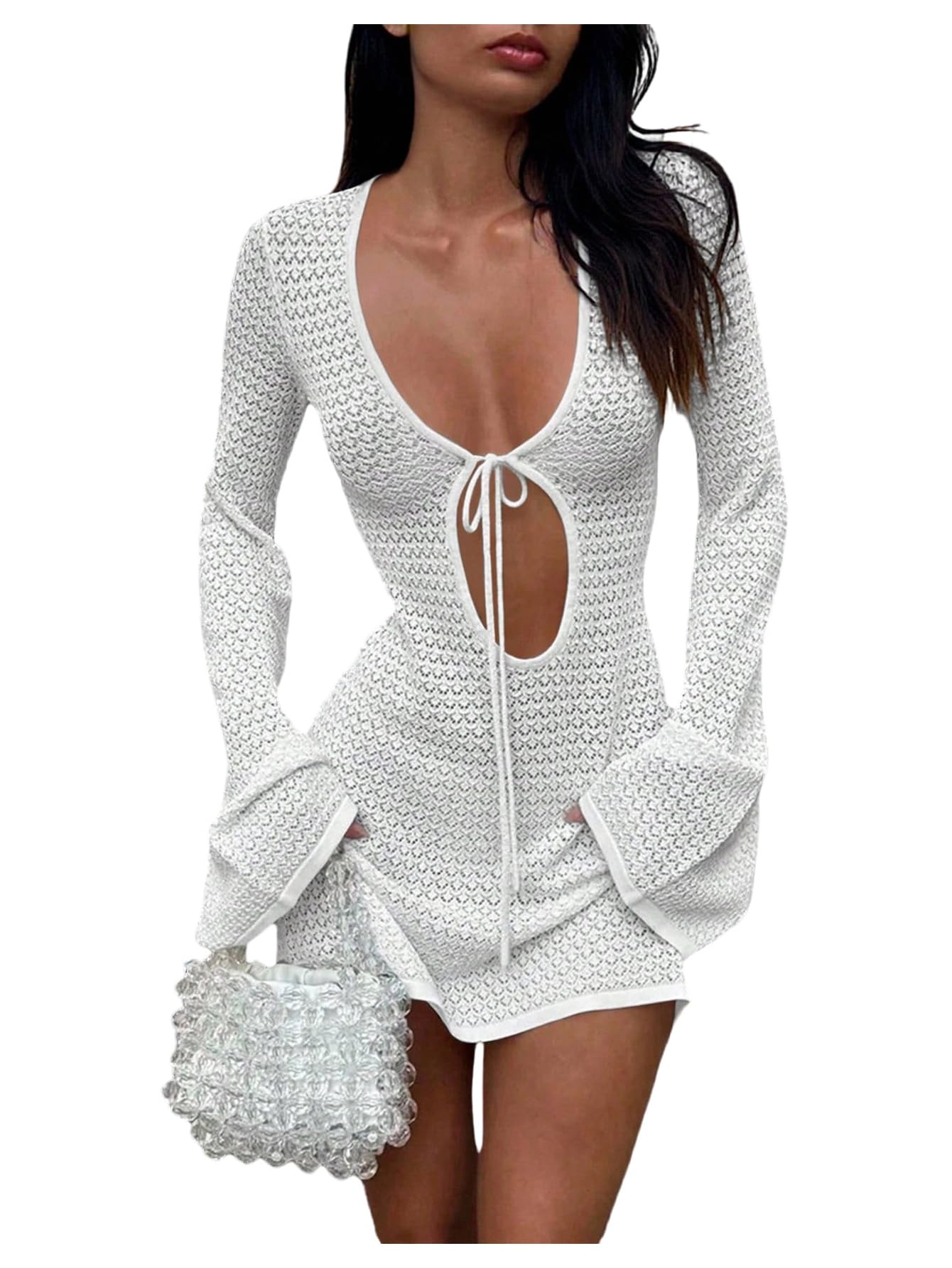 Floerns Womens Summer Holiday Beach Flare Sleeve Tie Front Cover Up Cut Out Mini Dress V Neck Hollow