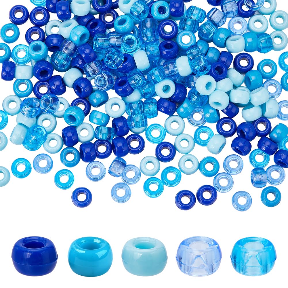 SUNNYCLUE 1000Pcs 6x9mm 5 Styles Pony Beads Blue Pony Beads Bulk Kandi Bead Hair Braid Bead Opaque Transparent Blue Plastic Poney Craft Spacer for Jewellery Making Kits DIY Beading Bracelets Keychains