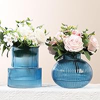 Vista 9 de Jarrones de vidrio acanalado, juego de 2 jarrones estriados para flores, florero de vidrio ámbar para tulipanes, jarrón moderno para sala de estar