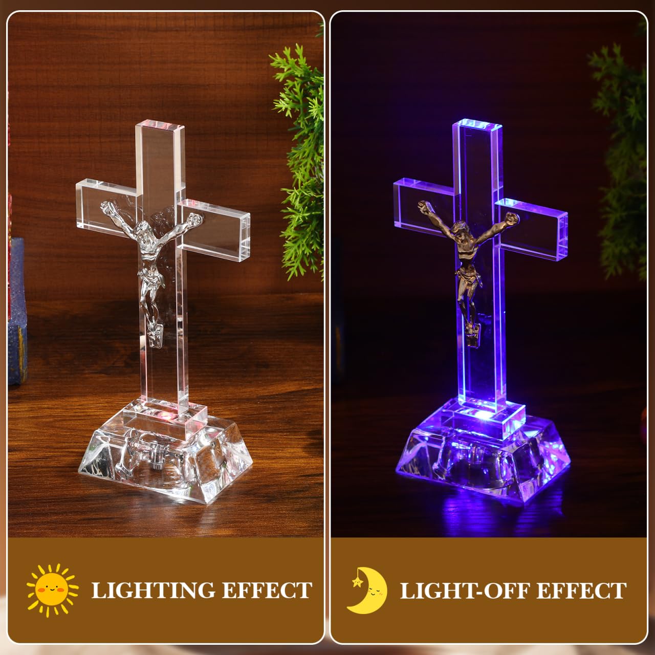 Kristall Kreuz Stehend, Kreuz aus Glas mit Led-licht Stilvolle Ostern Christliche Deko für Schreibtisch Spirituelles Segensornament Handgefertigt für Büro Zuhause und Kirche Einzigartige Geschenkidee