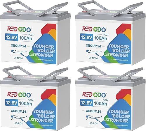 Miniatura 1 de Redodo Batería LiFePO4 de 12 V 100 Ah Grupo 24 (paquete de 4), batería de litio integrada 100A BMS, máx. 20.48 kWh, más de 4000 ciclos profundos,