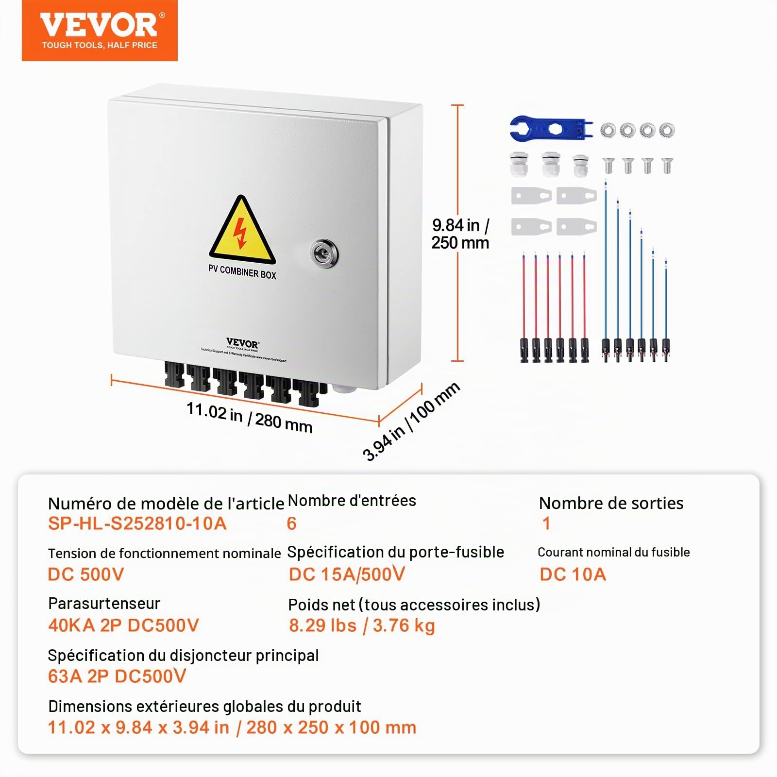 VEVOR Boîte de combinaison PV, 6 chaînes, boîte de combinaison solaire avec fusible de courant nominal 10 A, disjoncteur 63 A parafoudre, en acier pour système de panneaux solaires marche/arrêt, IP65