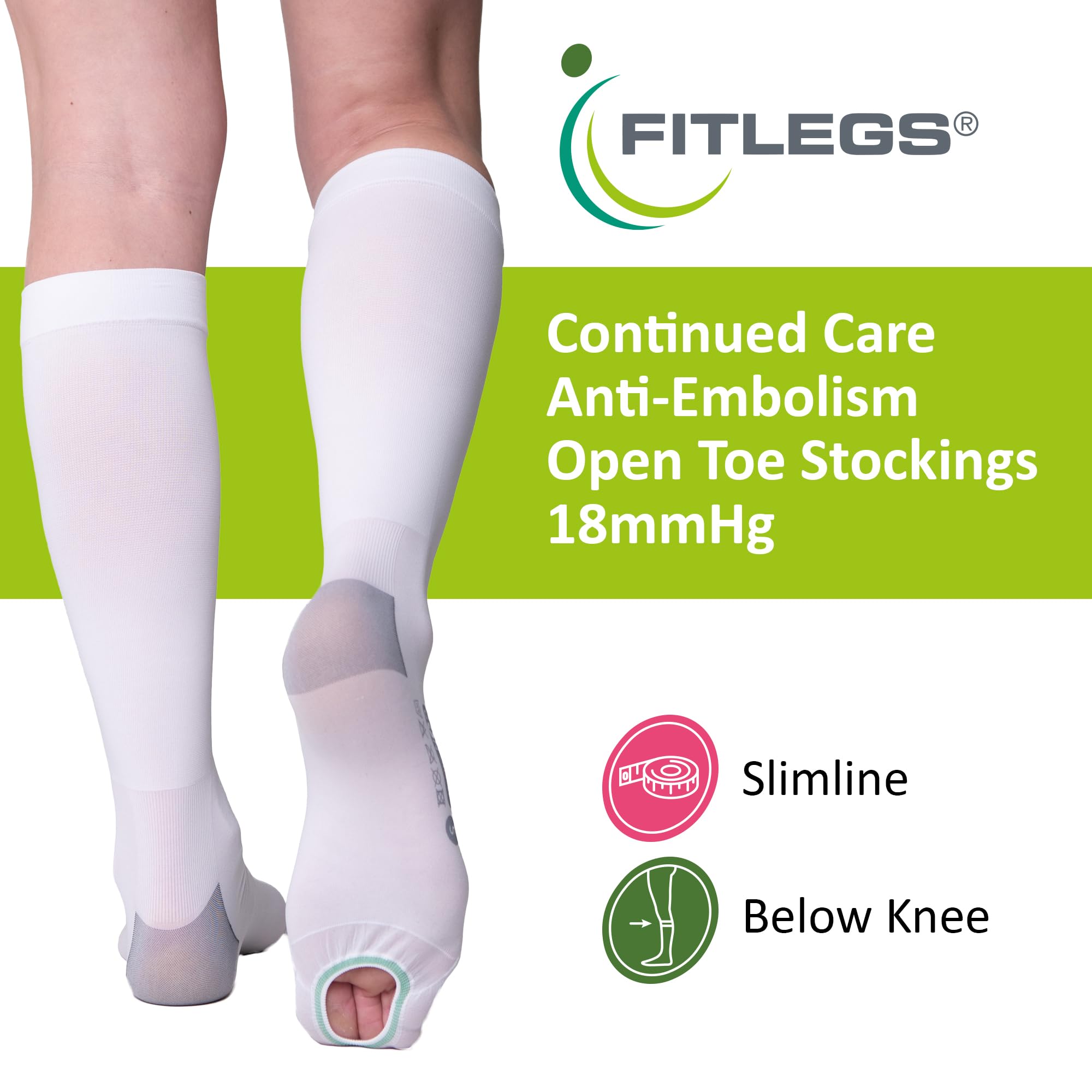 FITLEGS - Open-Toe Compression Stocking - 18mmHg AES DVT Prevention - Below Knee, Slimline, White, 1-pack White - Image 2