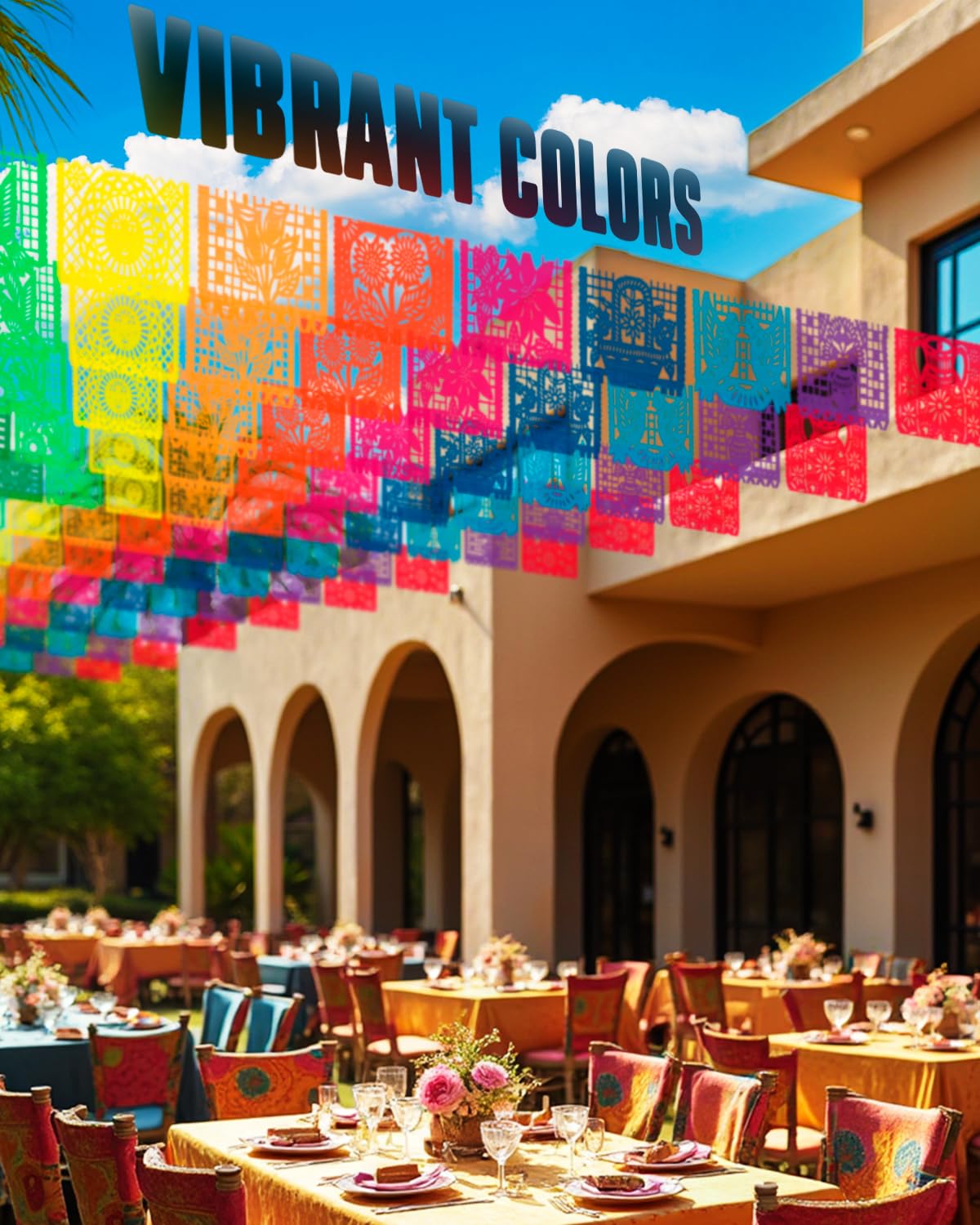 Carteles de fiesta mexicana de 180 pies (paquete de 10 con 10 banderas de plástico por pancarta) – Papel Picado Mexicano para Fiesta – Papel Picado de plástico – Decoraciones de fiesta temática de