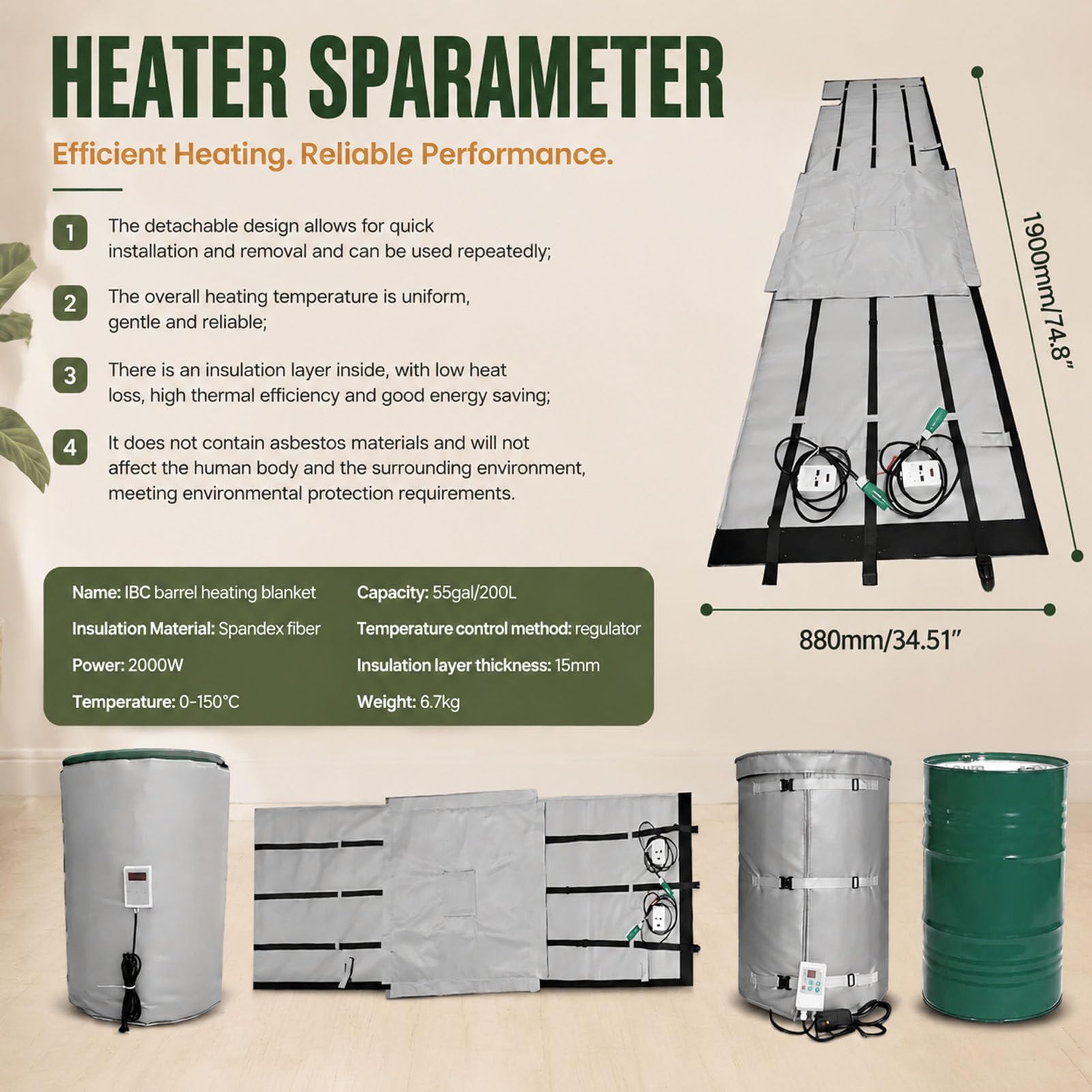 Koc grzewczy na pojemnik/zbiornik IBC z pełnym pokryciem, 110 V/220 V, 2000 W/4000 W, regulowana temperatura 0–150°C, do beczek z olejem, rur, zbiorników na wodę Gray-55Gallon/200L