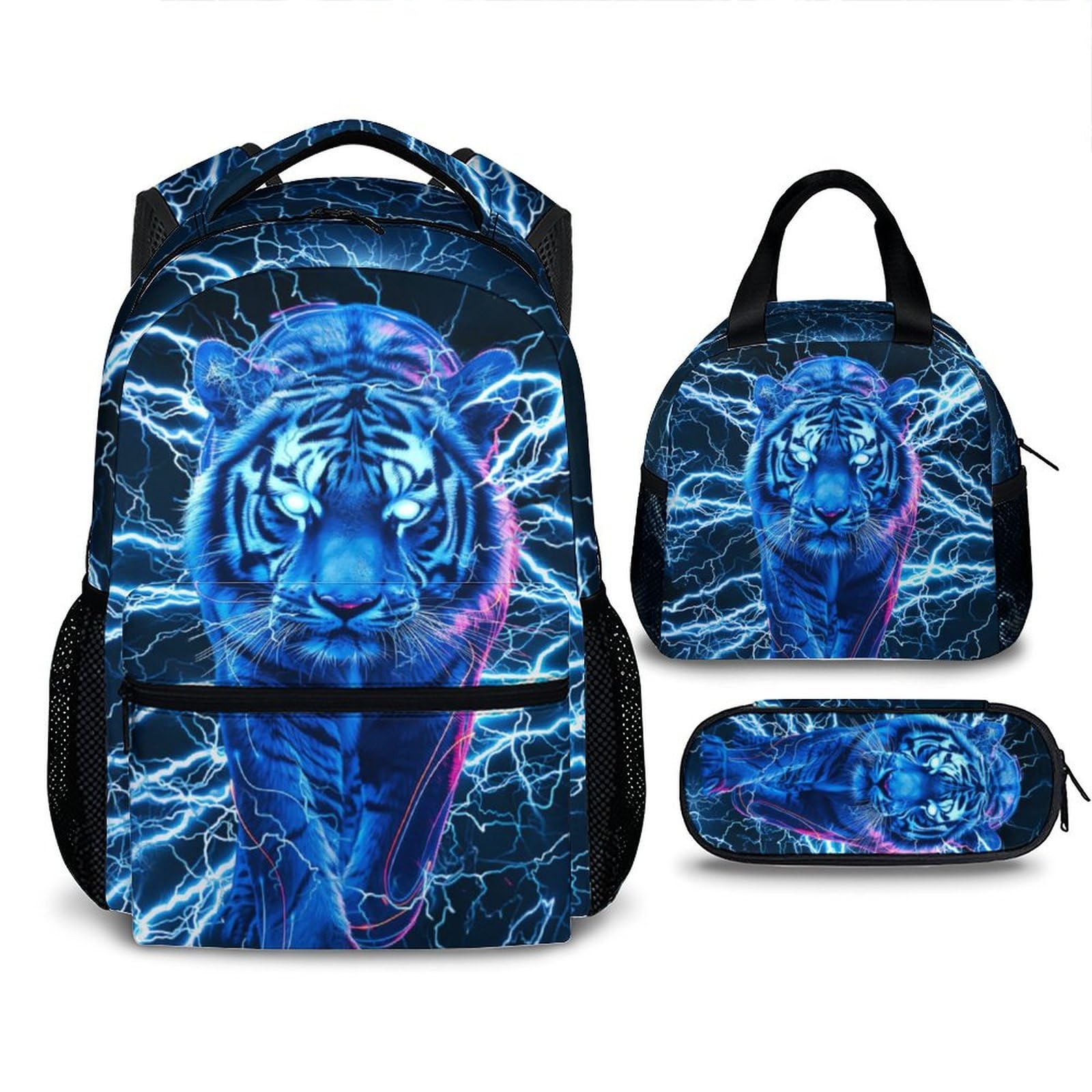 CUSTOMJOY Boys School Backpack, Set of 3 Tiger Backpacks for Kids Kindergarten Preschool, 17 Inch Durable Cool Lighting Bookbag for School