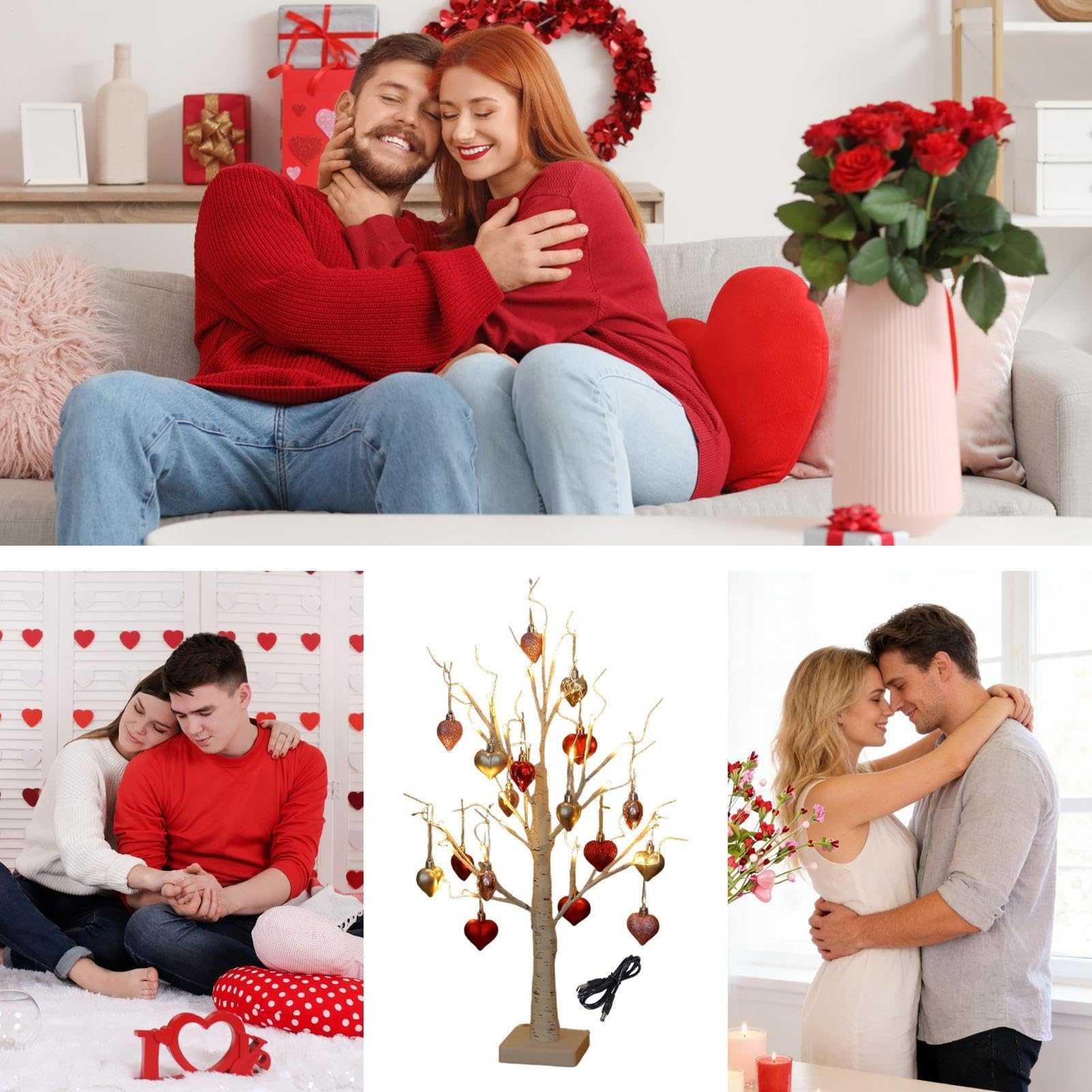 Árbol de abedul, centro de mesa romántico artificial iluminado con 18 adornos en forma de corazón, decoración del día de San Valentín para amigos, boda, granja, dormitorio, sala de estar, hogar