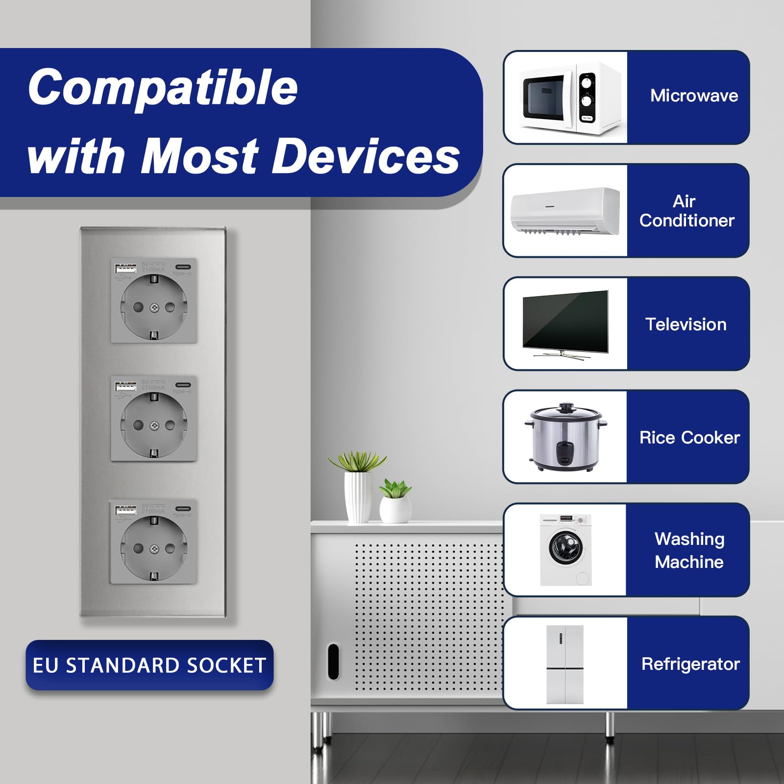 BSEED Schuko Wandstopcontact met viervoudige wandcontactdoos met 20 W