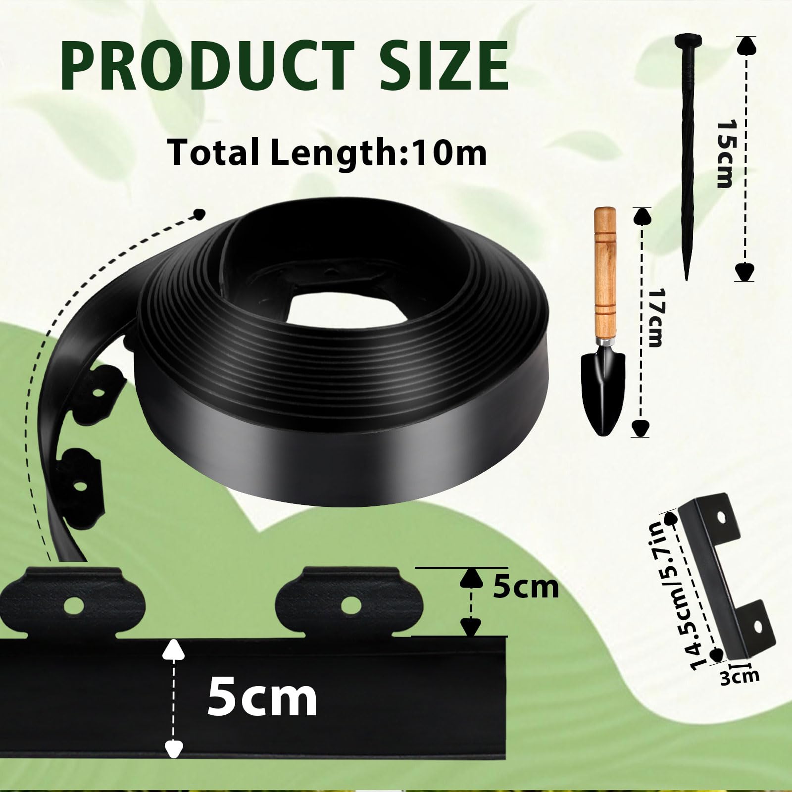 Bordure de Jardin Flexible 10m, Hauteur 5cm, avec 30 Piquets, 1 connecteur et 1 Petite Pelle, pour pelouse, Parterre Jardin. (Noir, 5cmx10m)